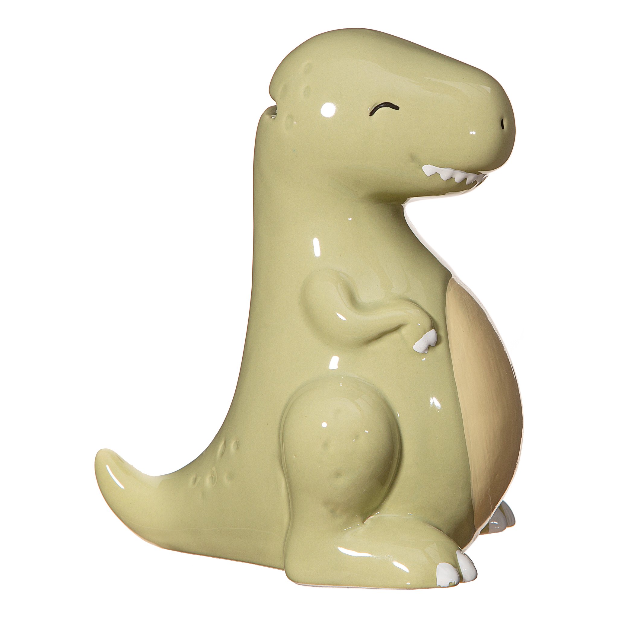 Sass & Belle T-Rex money box – side view of the green ceramic piggy bank with dino tail and short arms