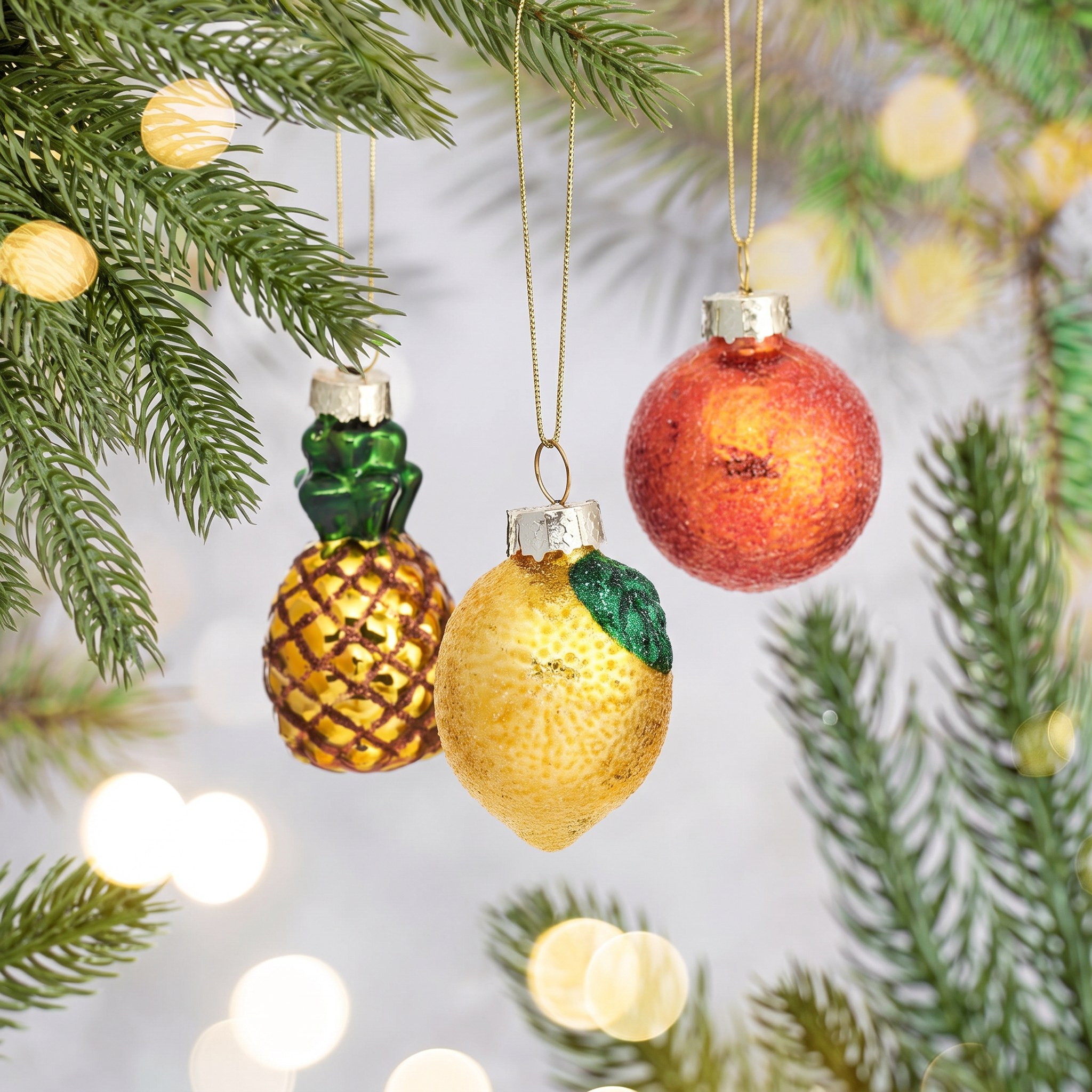 Set di decorazioni natalizie Frutti di Sass & Belle su un ramo di abete con luci calde