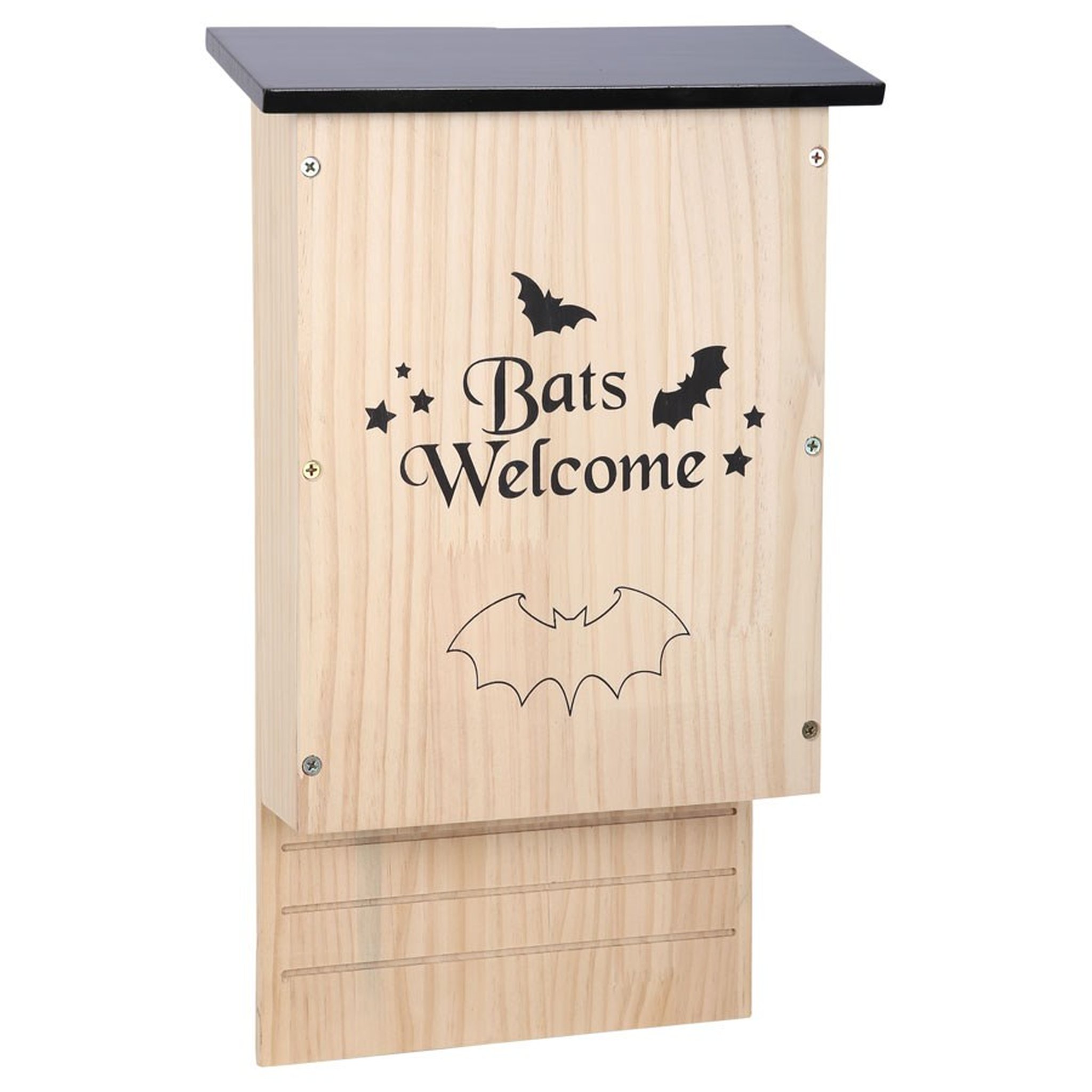 Holz-Fledermauskasten 47cm Vorderansicht mit Bat-Motiv