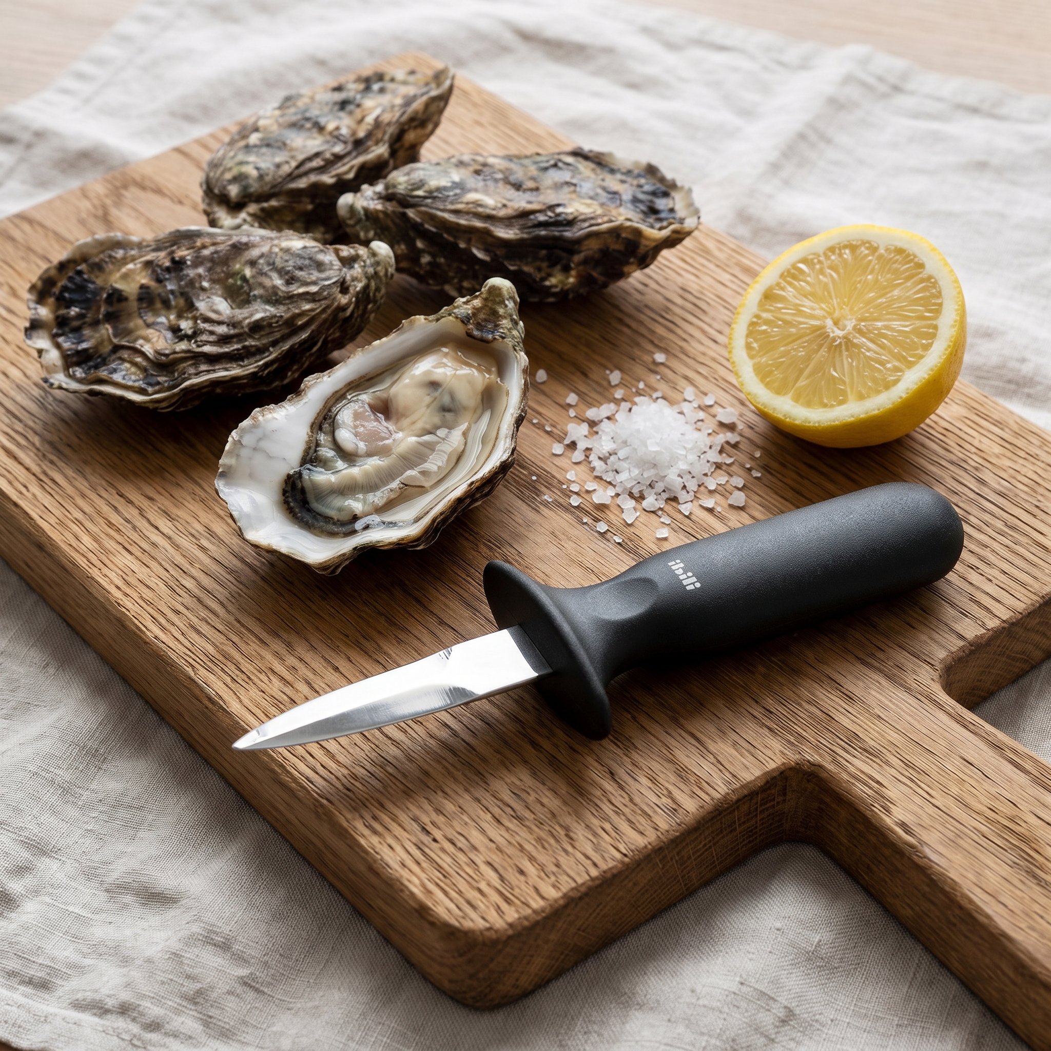 Oyster knife with hand guard on an oak board beside an opened oyster, sea salt and lemon