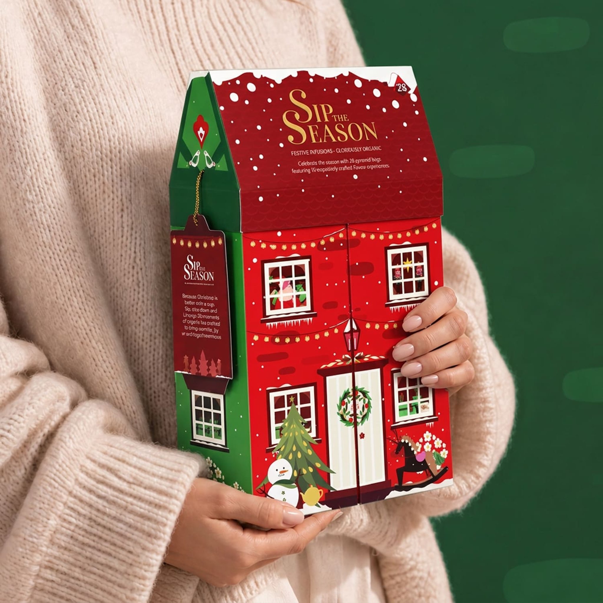 Mains en pull tricoté clair tenant le coffret de thé en forme de maison rouge sur fond vert