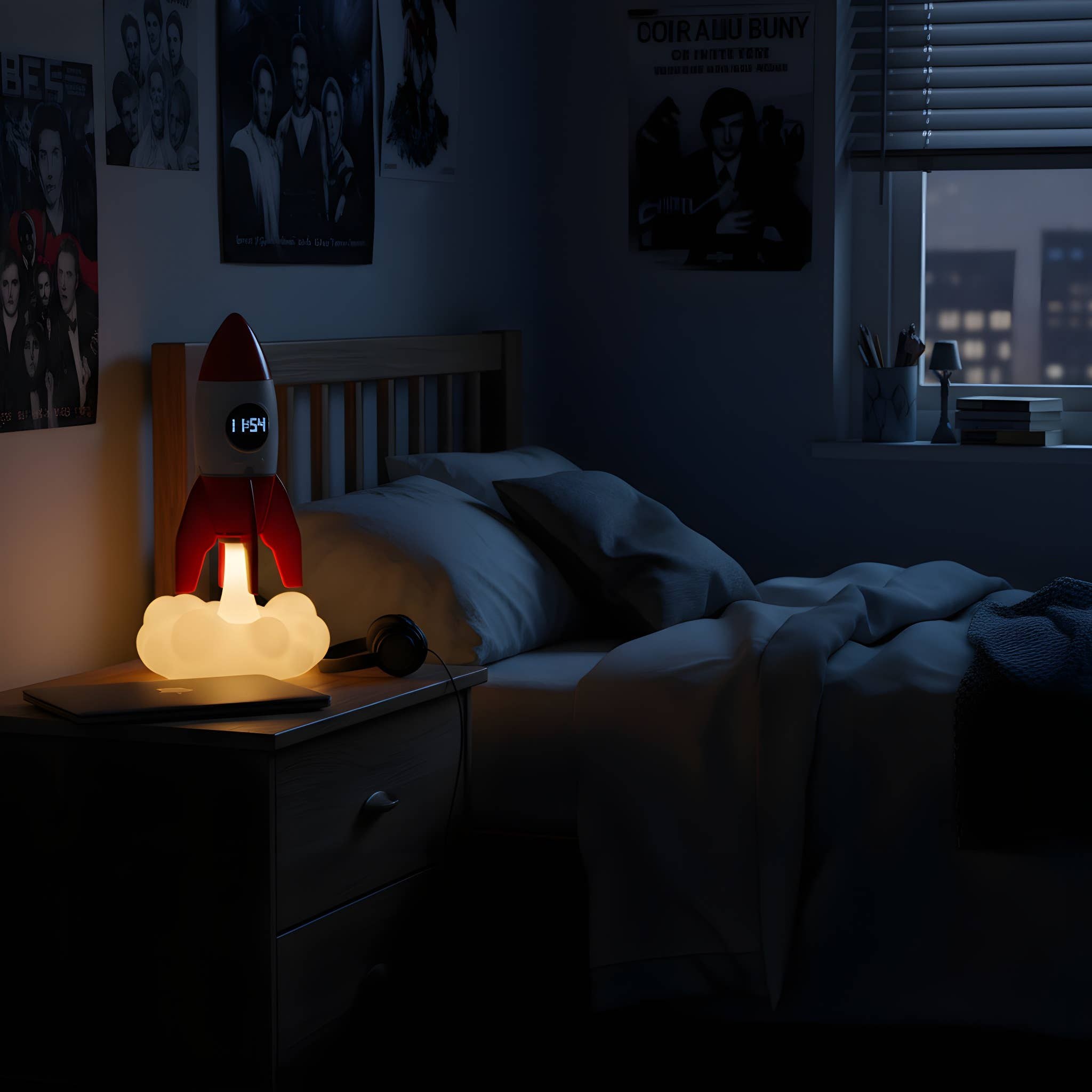 Night light on the bedside table of a dark bedroom next to the bed