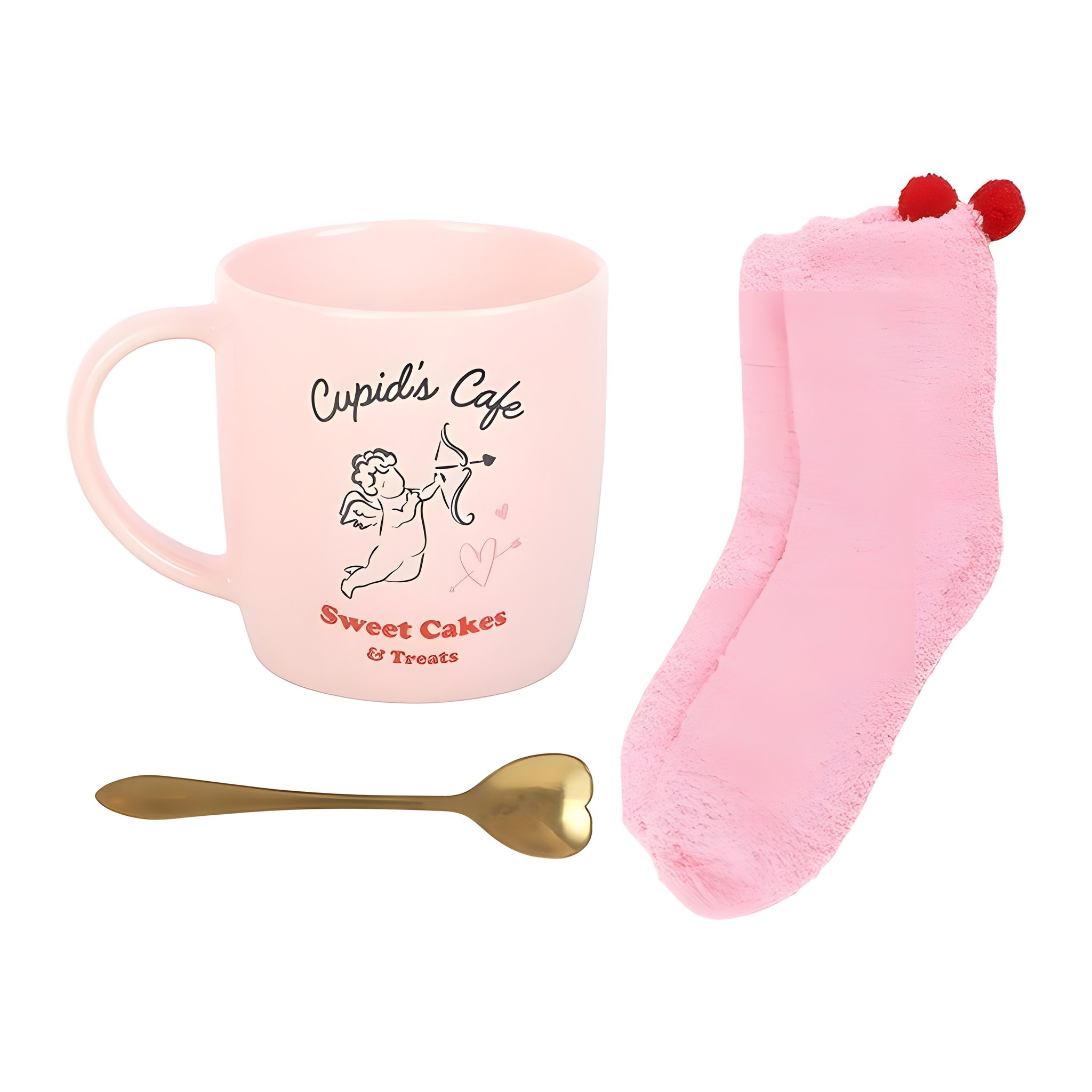 Contenu du set : tasse, cuillère et chaussettes roses duveteuses à pompons