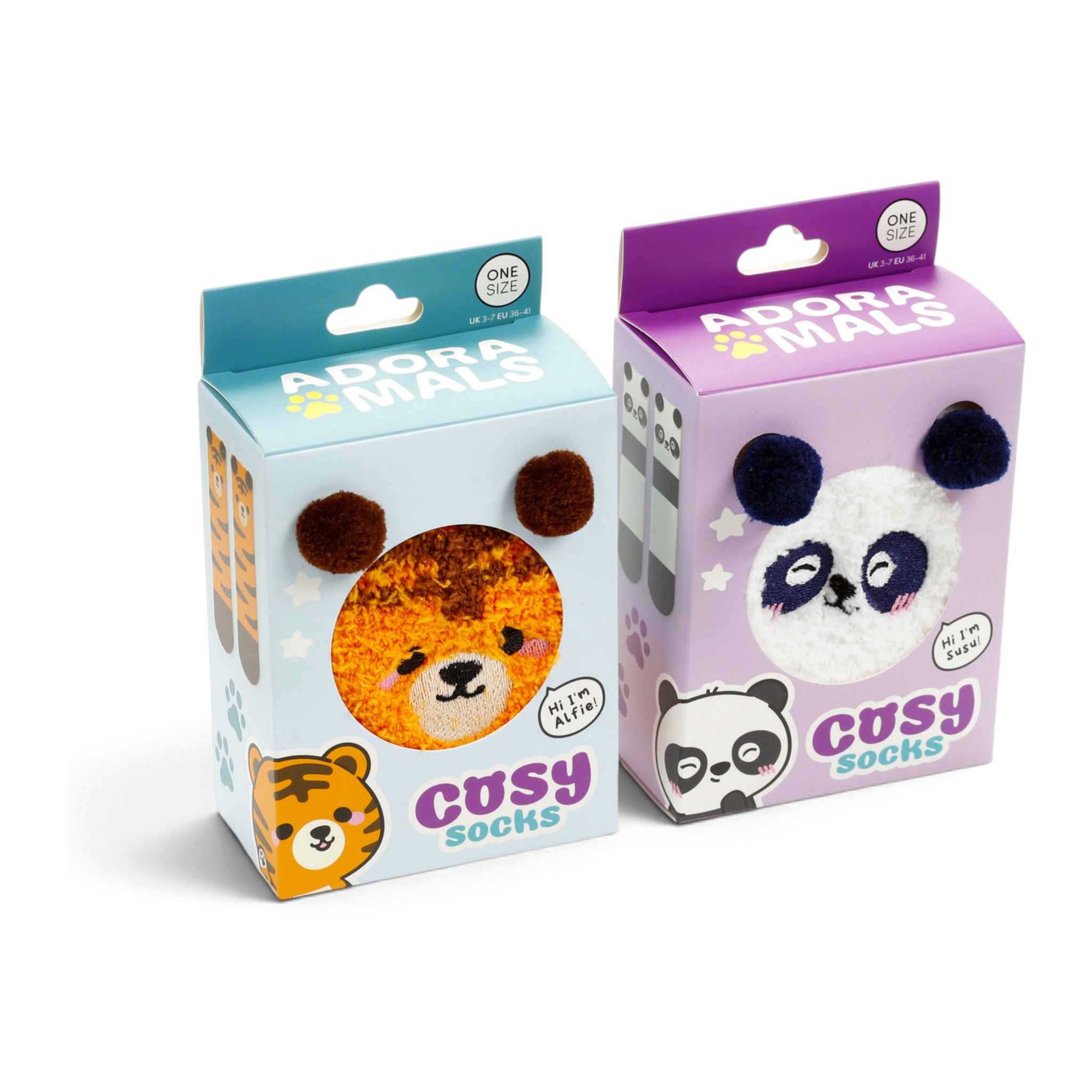 2er-Set Adoramals-Kuschelsocken Tiger und Panda in der Verpackung