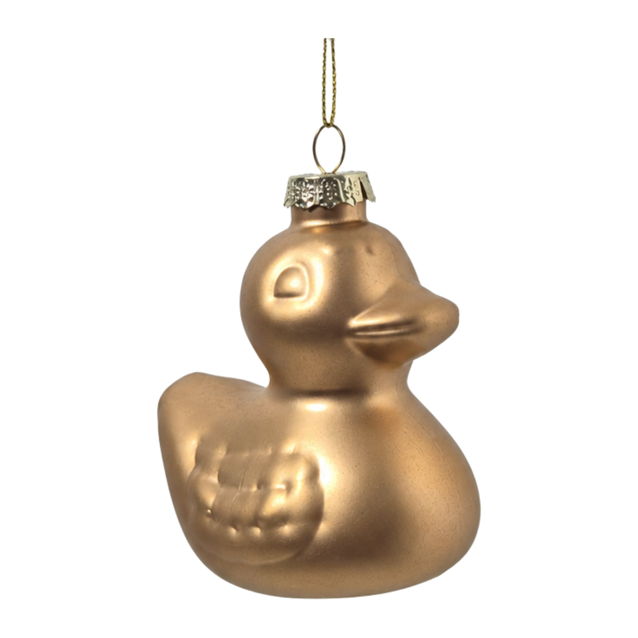 Canard doré vu de côté avec plumes sculptées sur l'aile