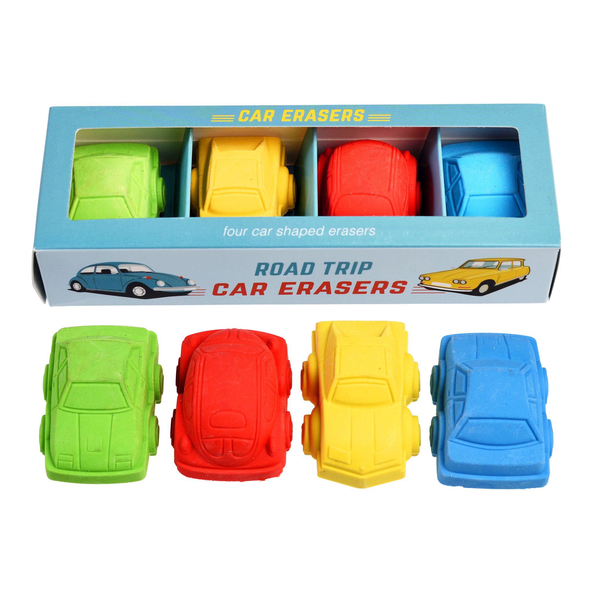 Auto-Radiergummis vor der Schachtel «Road Trip Car Erasers» mit Sichtfenster