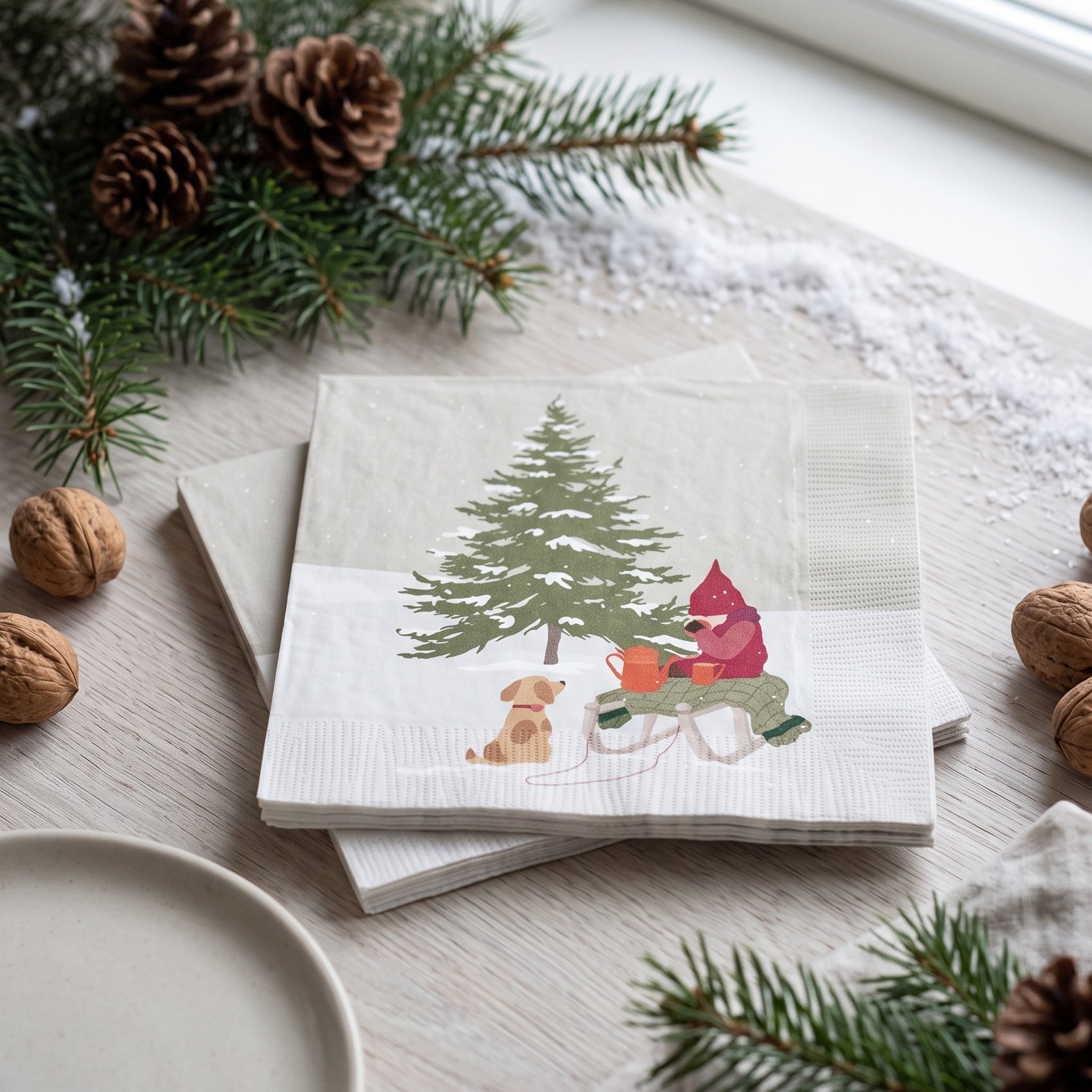 Weihnachtsservietten mit Wichtel und Tannenbaum auf gedecktem Tisch mit Walnüssen