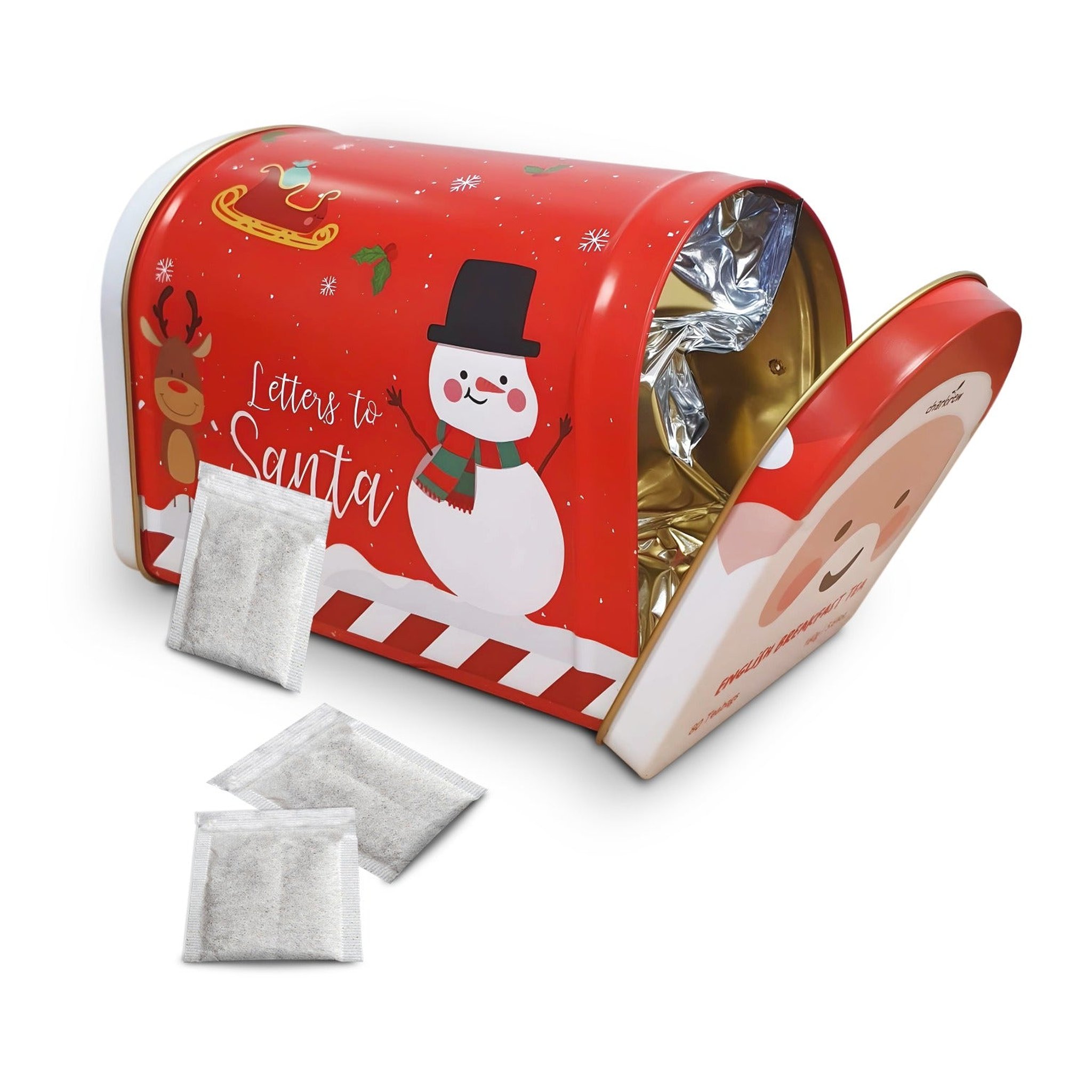 Weihnachtspost-Tee von Charbrew: Briefkasten-Teedose Letters to Santa, geöffnet mit Teebeuteln