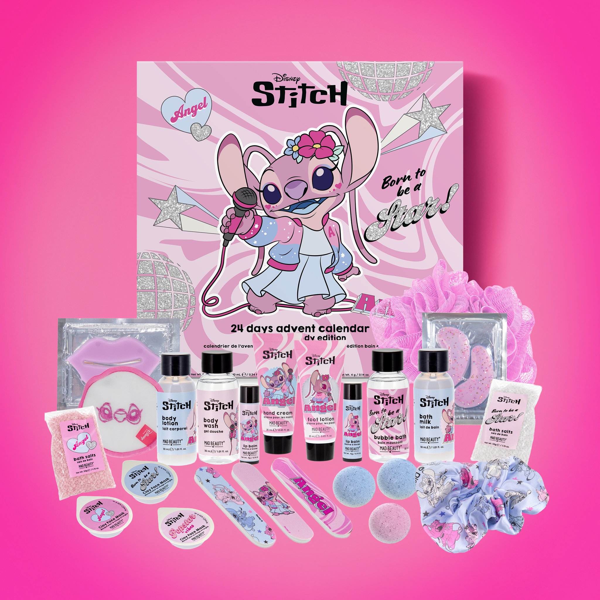 Angel Popstar Adventskalender mit ausgebreitetem Inhalt aus Badeprodukten, Augenpads und Accessoires
