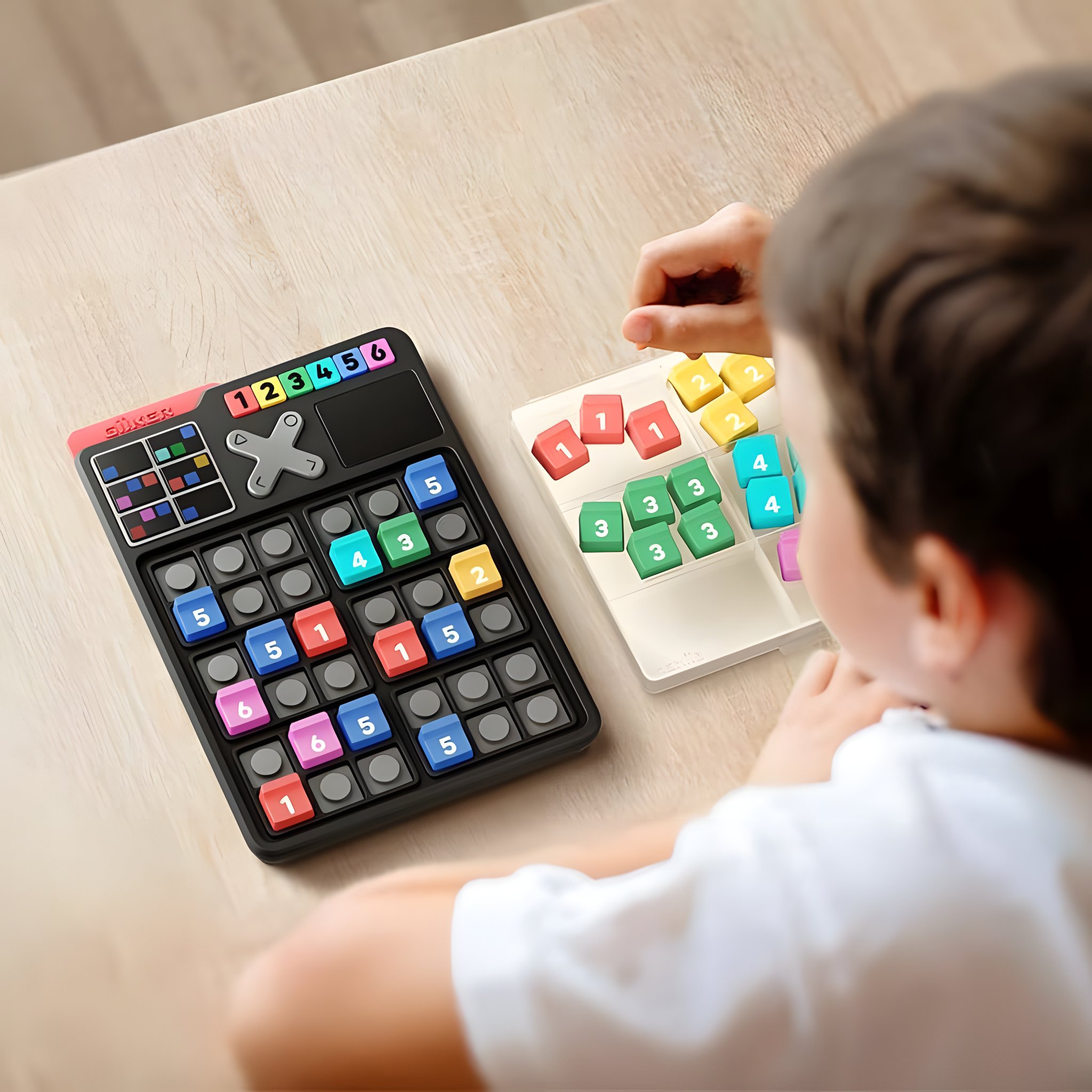 Kind setzt farbige Steine in die Smart Sudoku Konsole