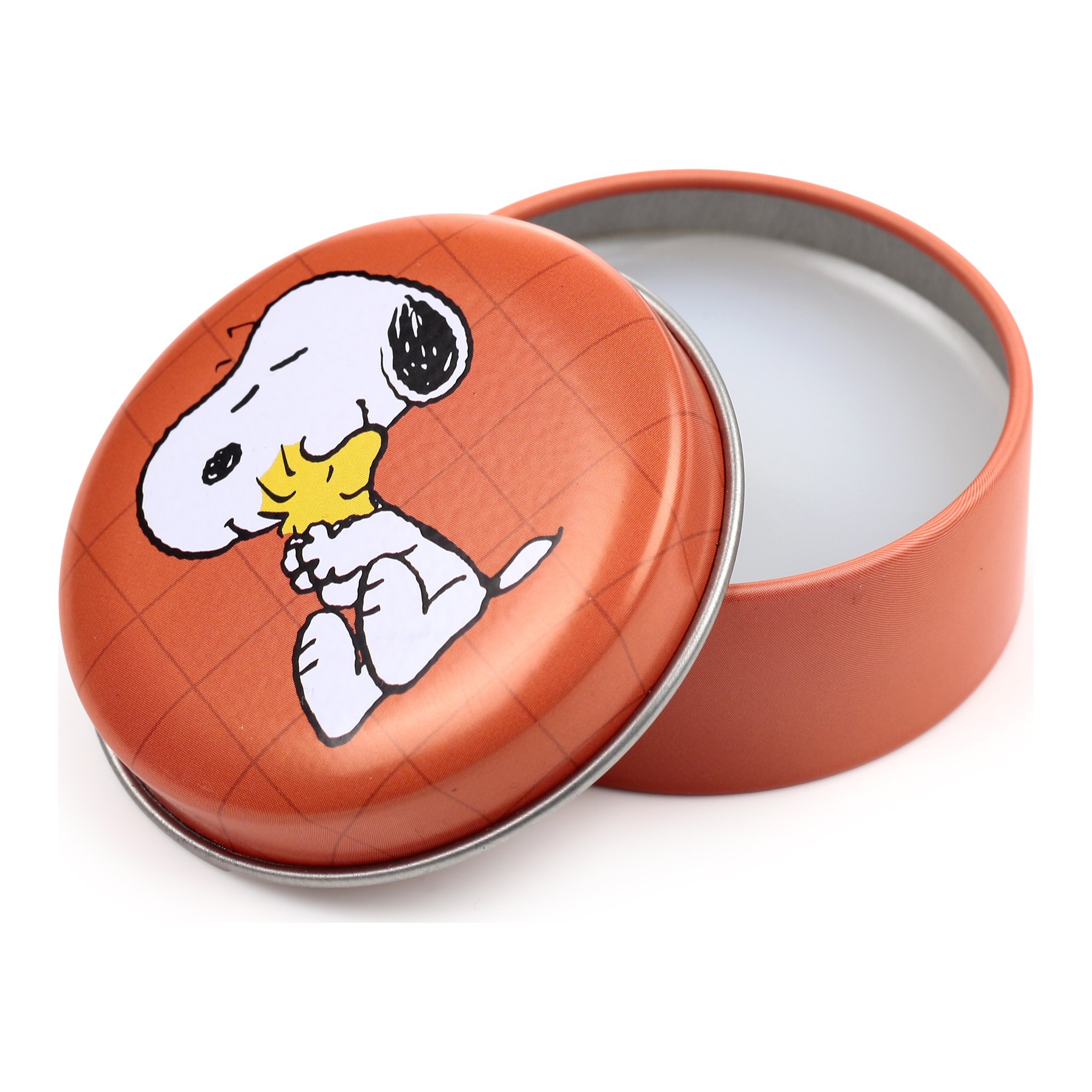 Geoeffnetes oranges Snoopy-Doeschen mit sichtbarem Lippenbalsam
