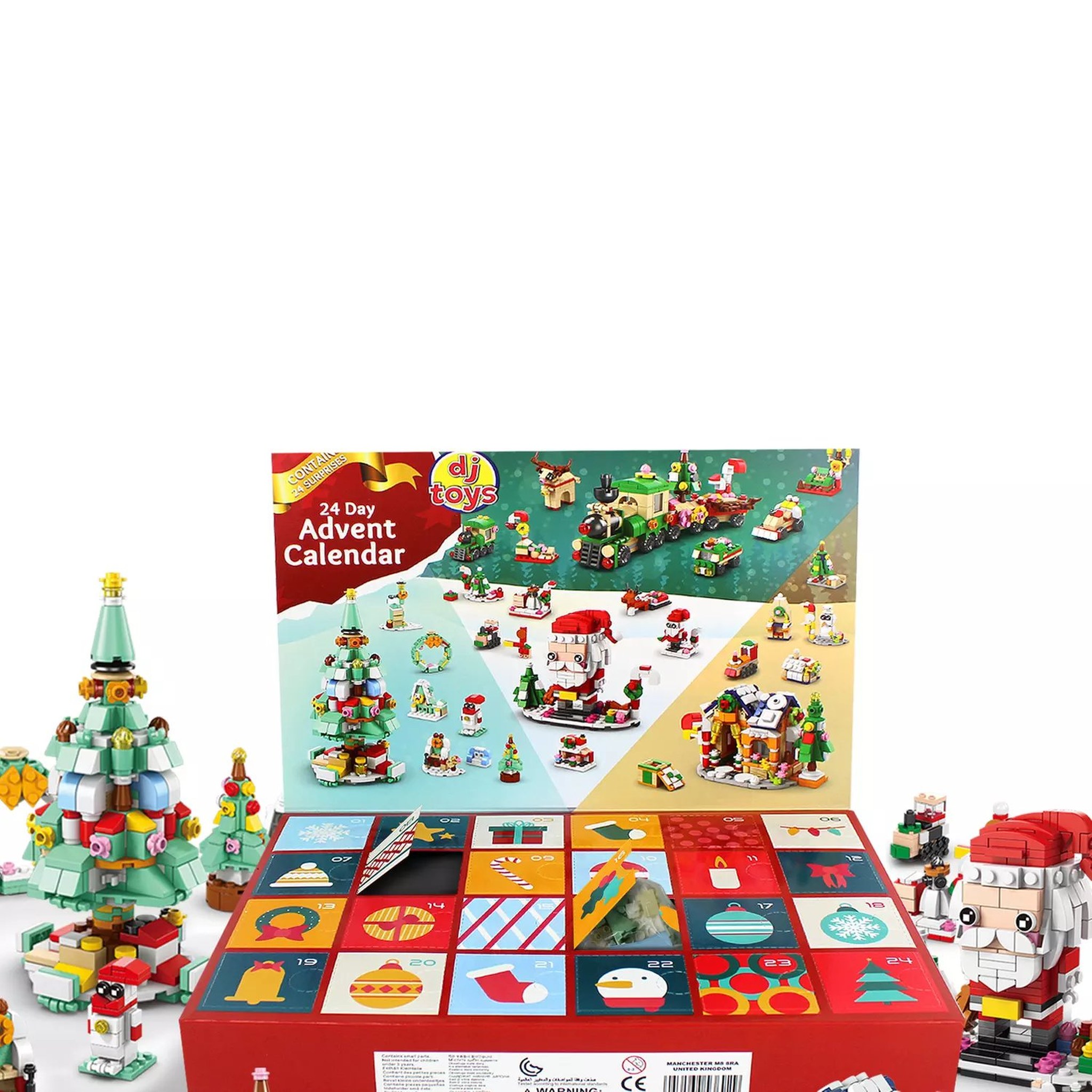Opened building block advent calendar with 24 doors and built Christmas models