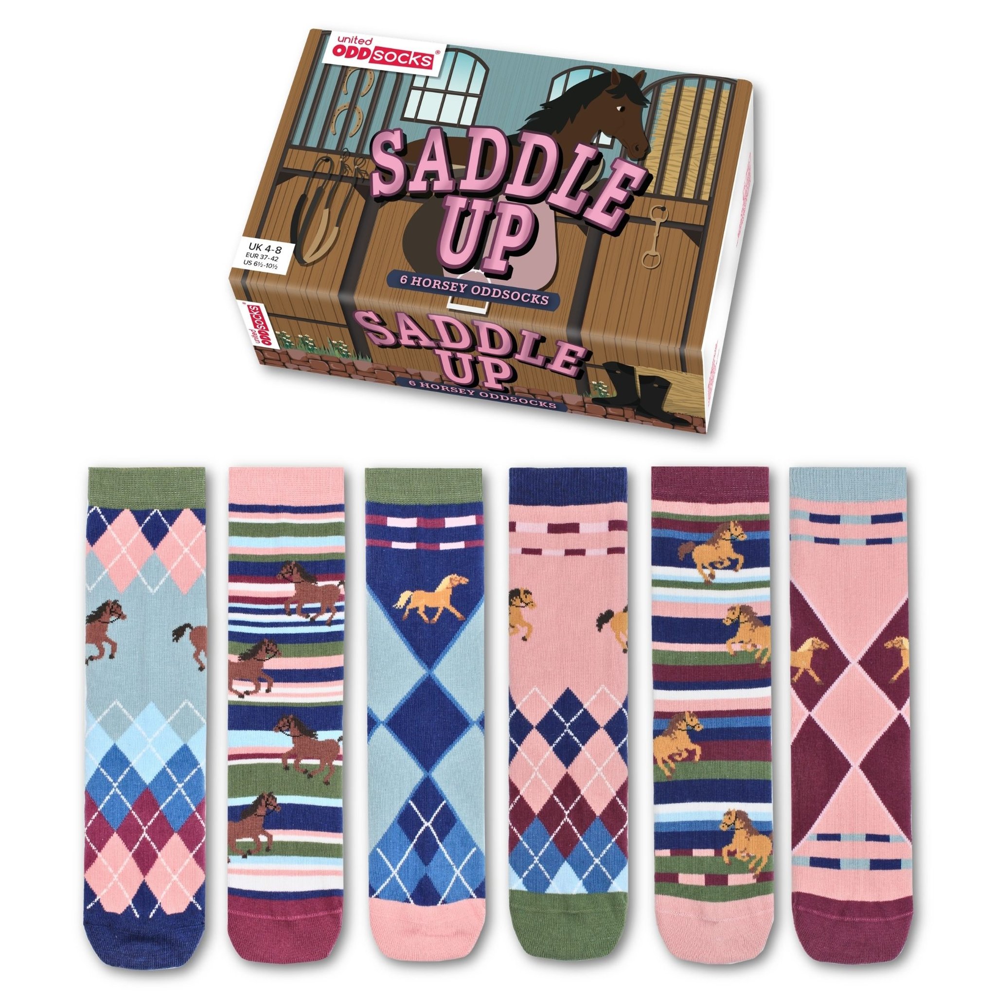 Saddle Up Geschenkbox mit sechs Pferde-Socken von United Oddsocks