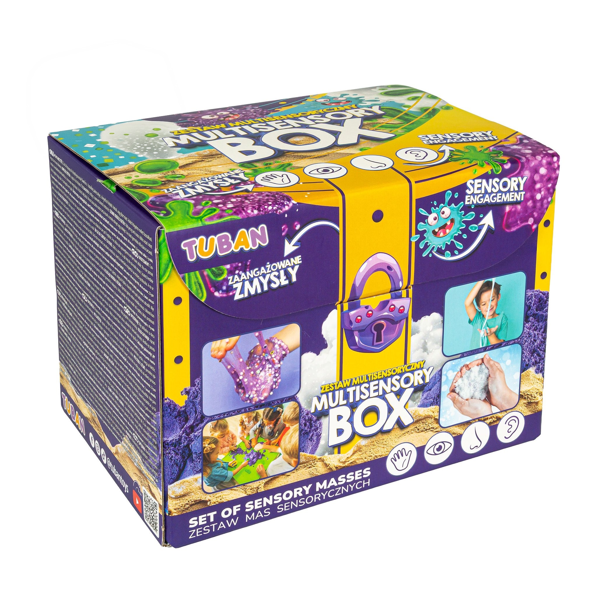 Multisensory Box vista da destra, con immagini di slime, sabbia e neve artificiale