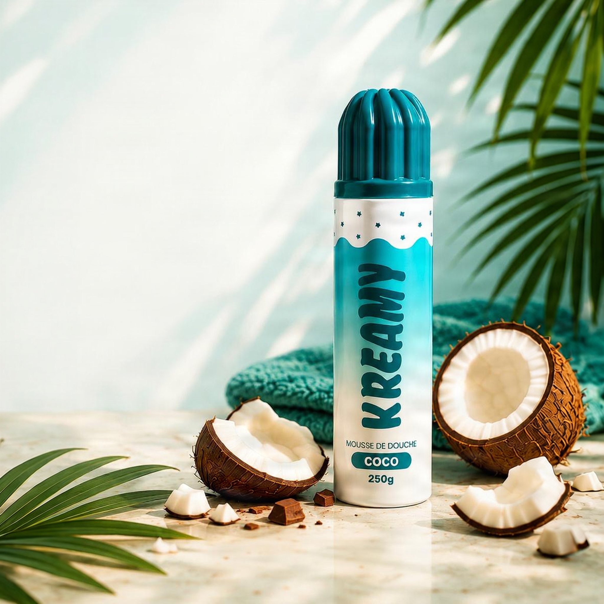 Kreamy Duschschaum Kokos mit aufgeschlagenen Kokosnüssen und Palmblättern
