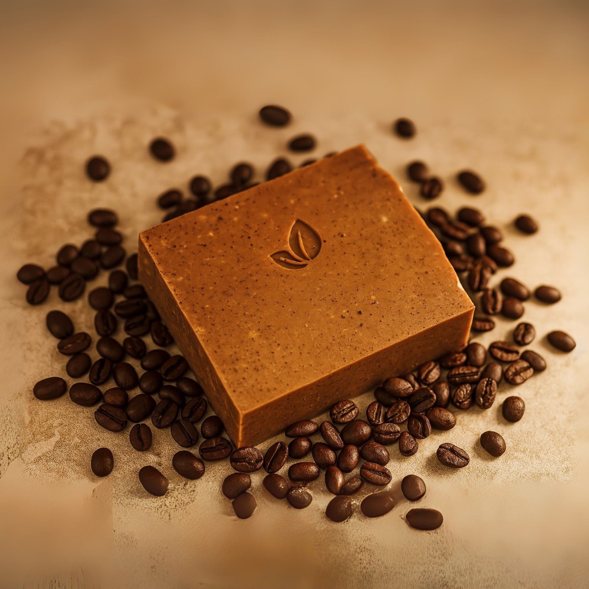 Braune Kaffeeseife auf einem Bett aus gerösteten Kaffeebohnen