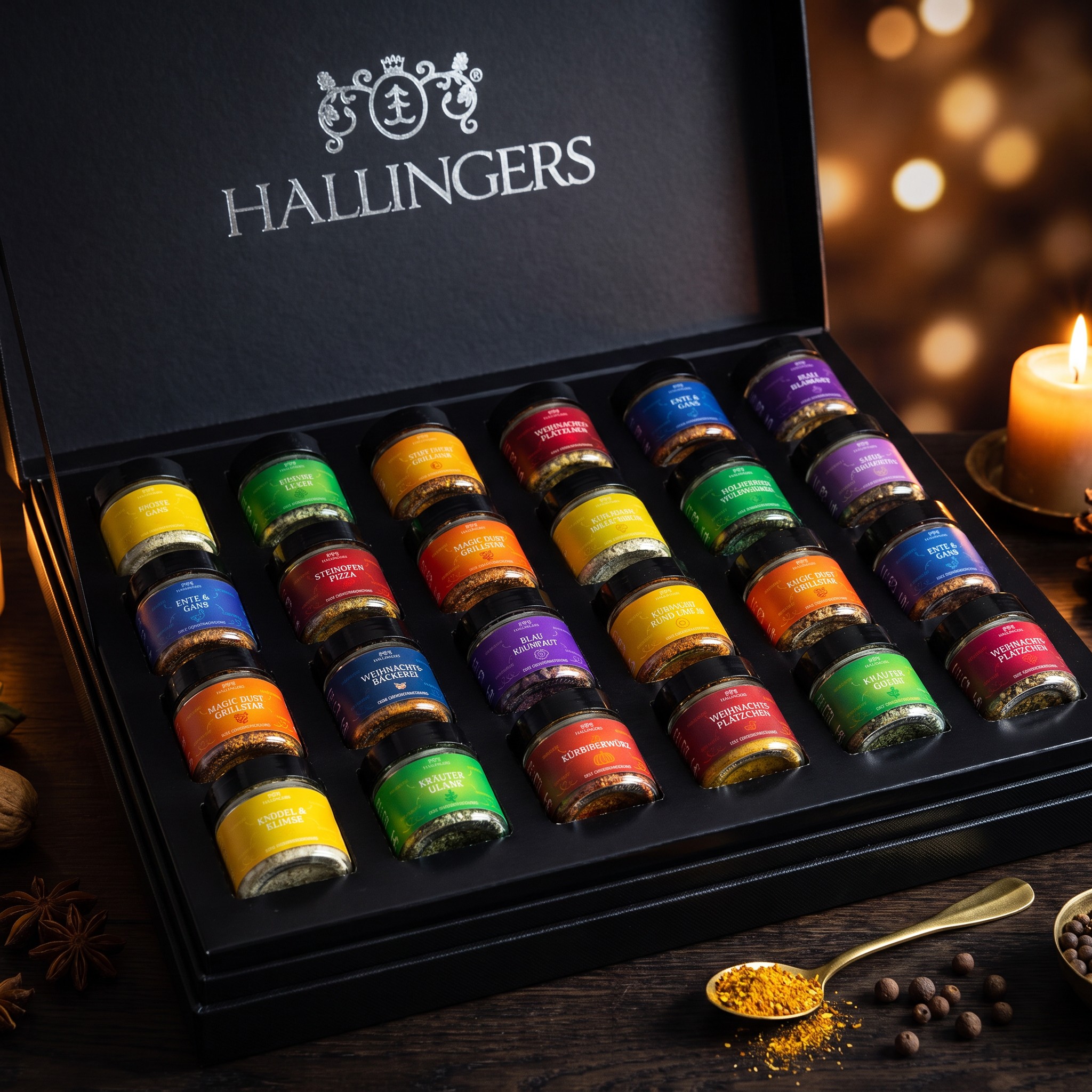 Gewürz-Adventskalender von oben mit allen 24 Gläsern auf dunklem Holz, daneben Messinglöffel mit Gewürz