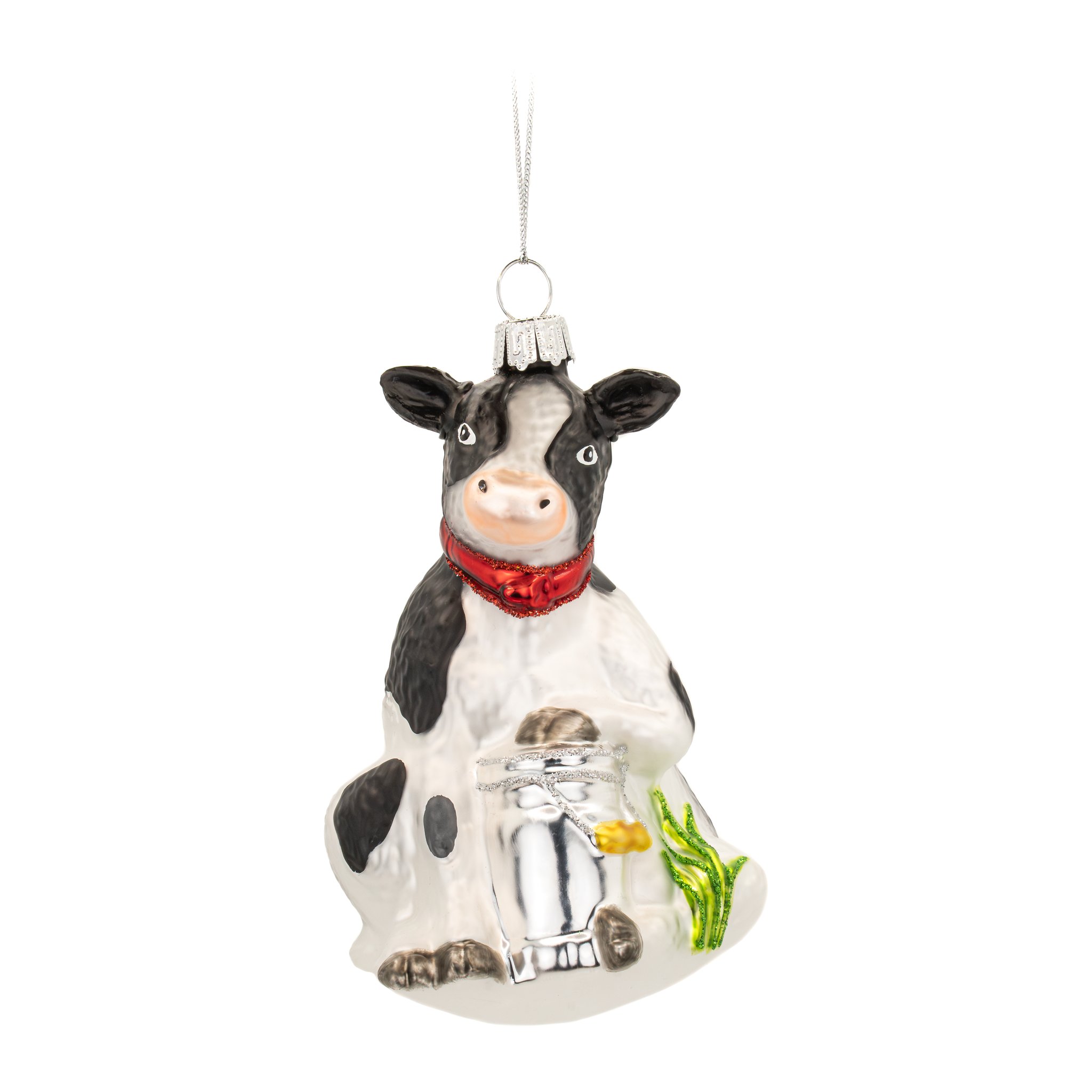 Vache laitière noire et blanche en verre avec foulard rouge et bidon de lait