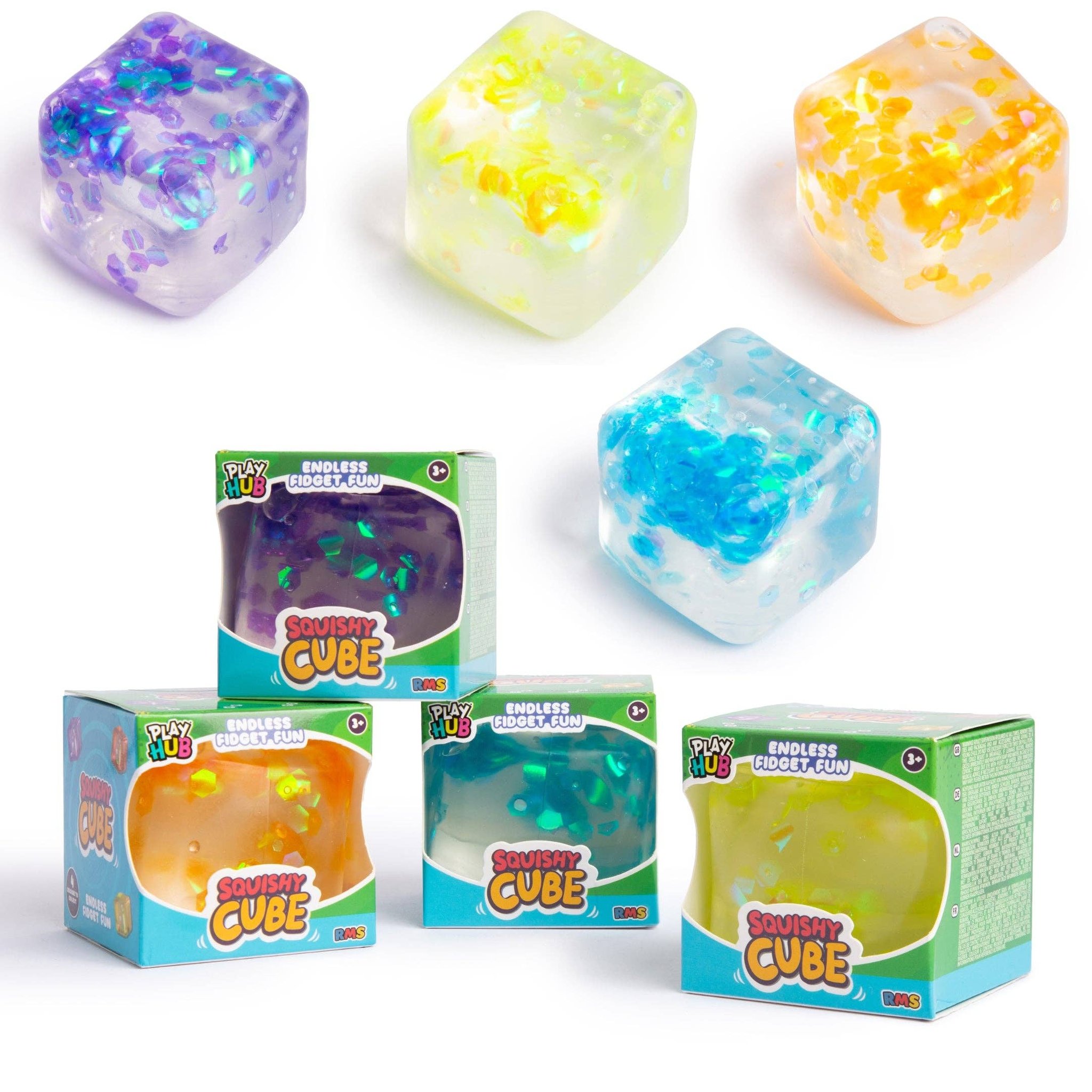 Vier Squishy Würfel in Violett, Gelb, Orange und Blau mit ihren Faltschachteln