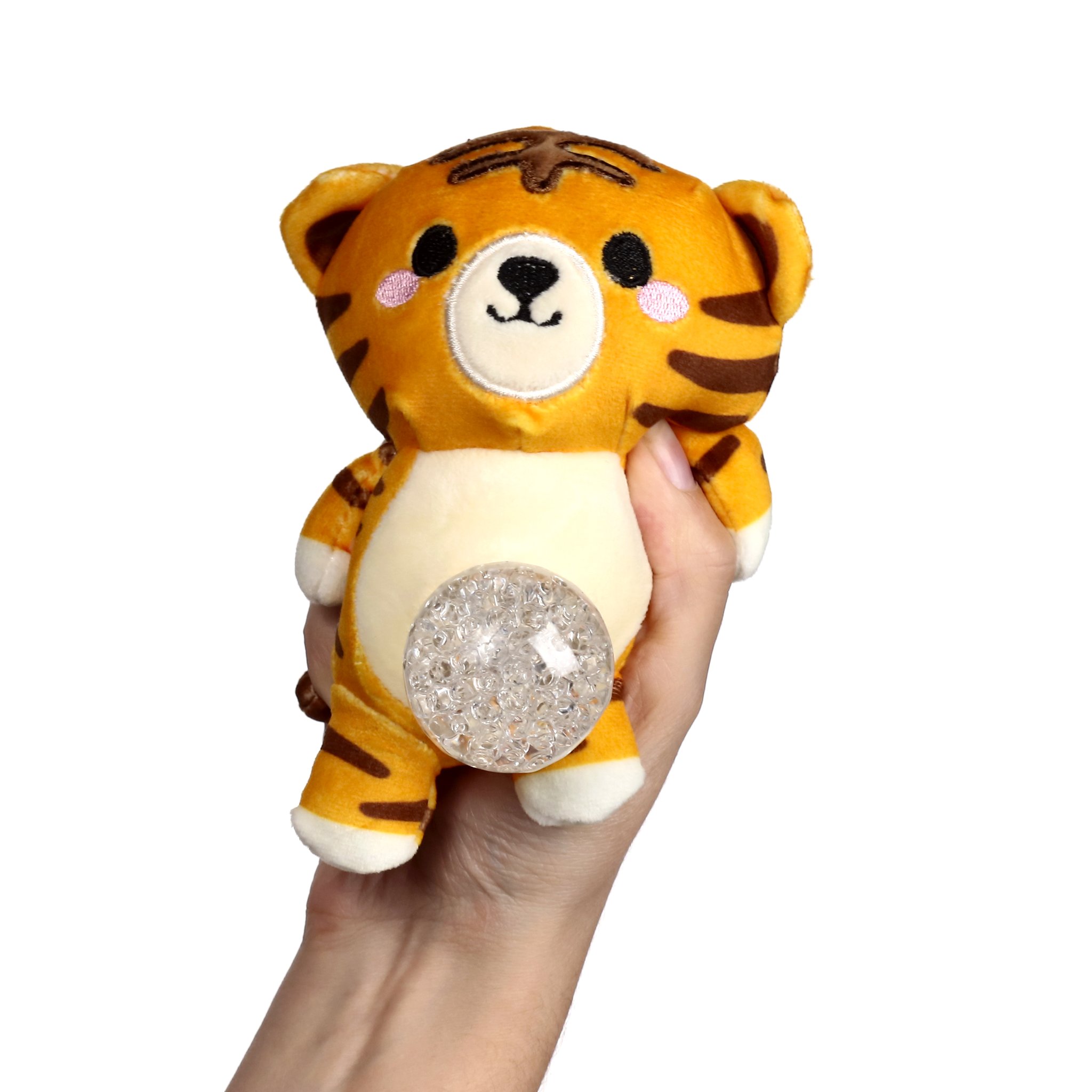Tiger-Plueschstressball in der Hand
