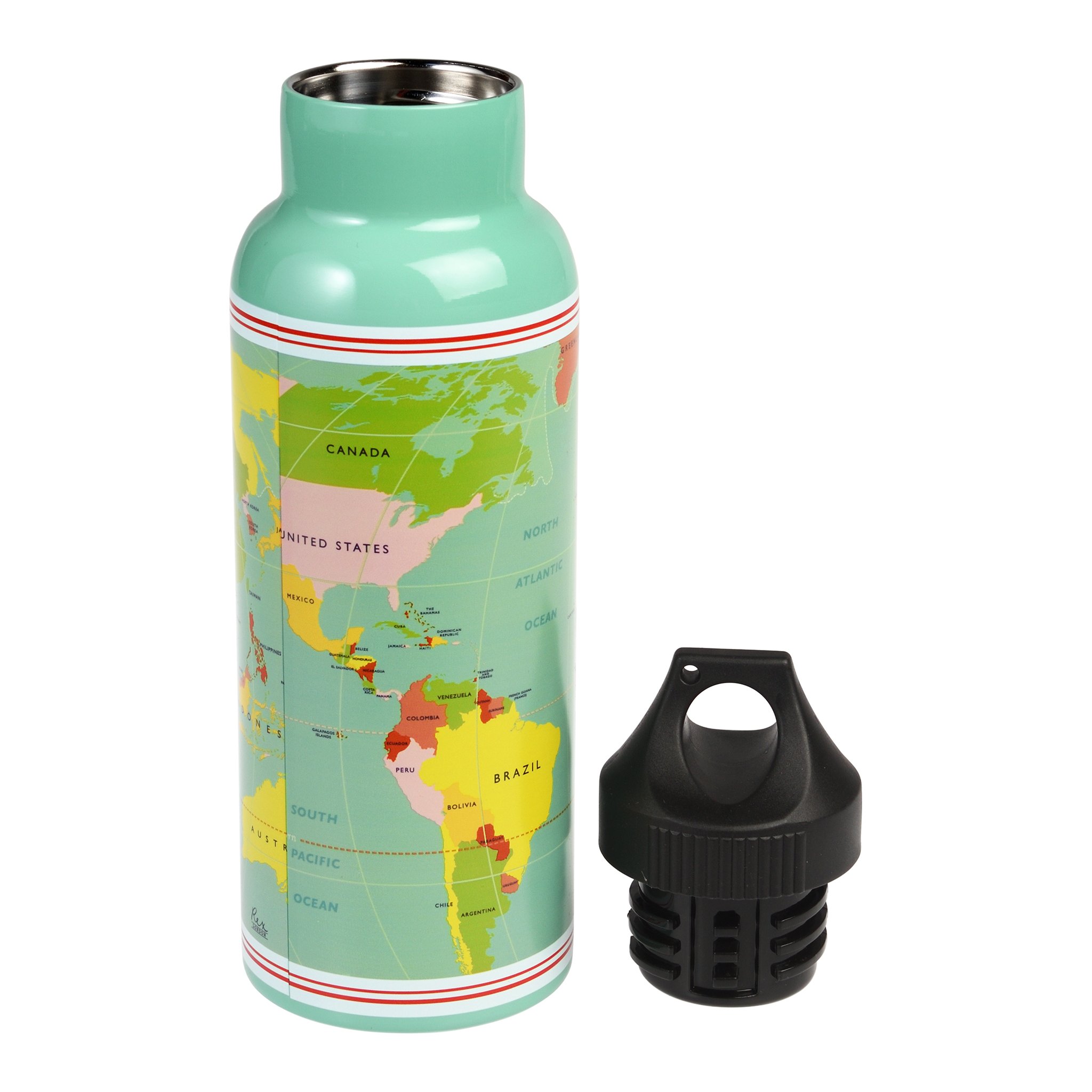 Gourde carte du monde ouverte avec bouchon à côté