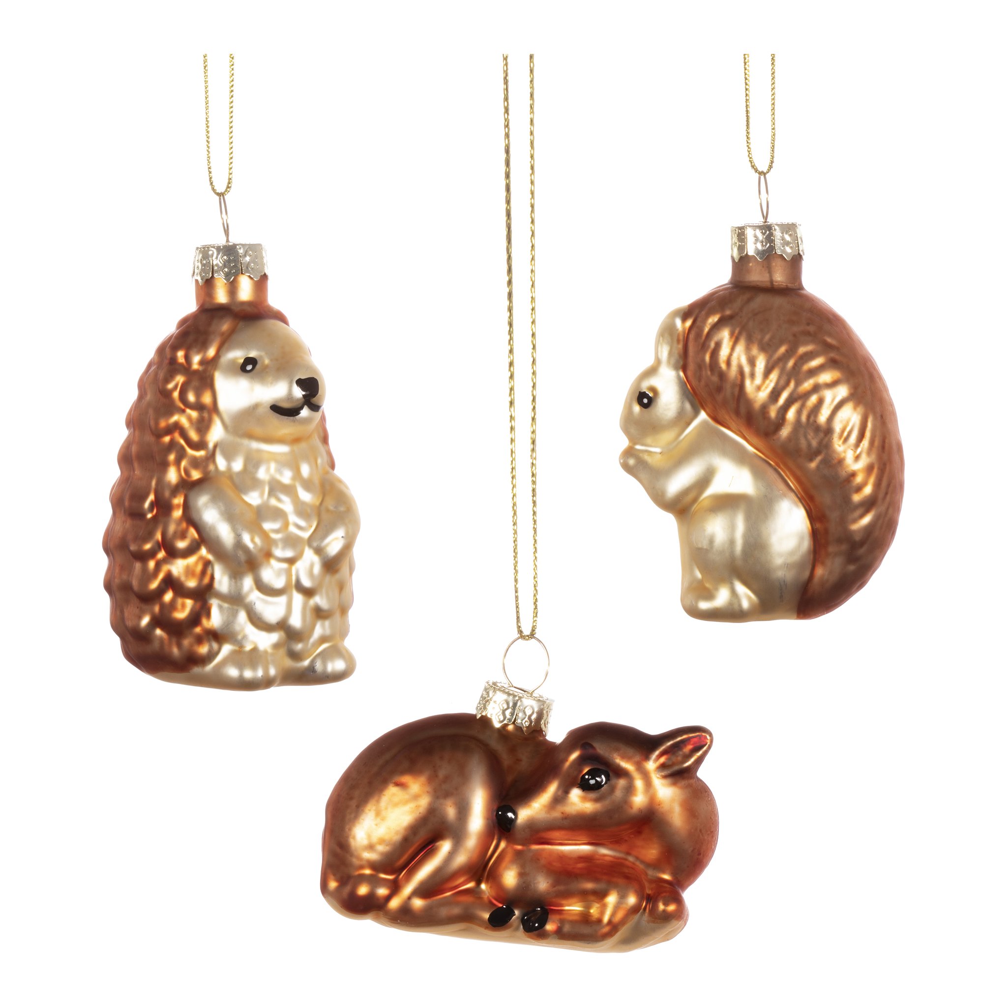 Set de décorations de sapin animaux des bois Sass & Belle, hérisson, écureuil et faon en verre, détourés