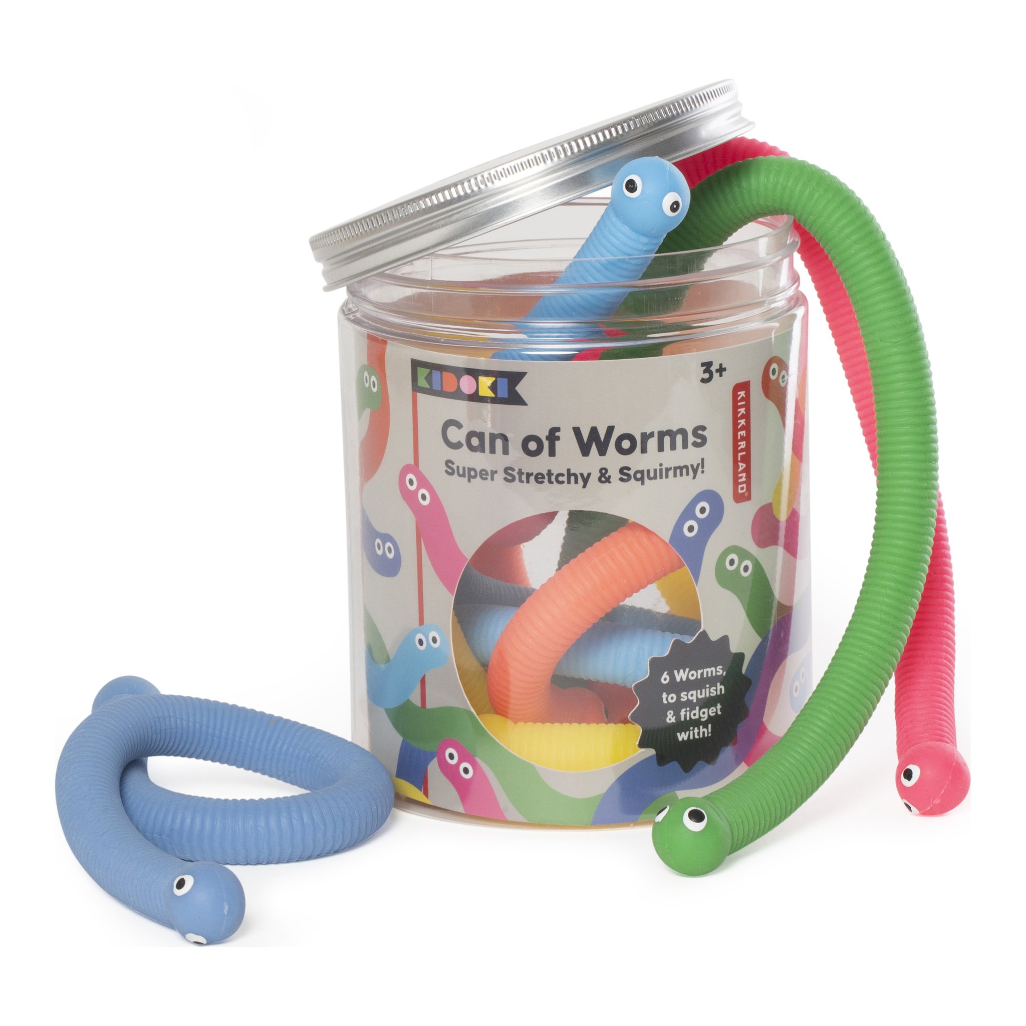 Boîte « Can of Worms » avec des vers anti-stress colorés qui dépassent