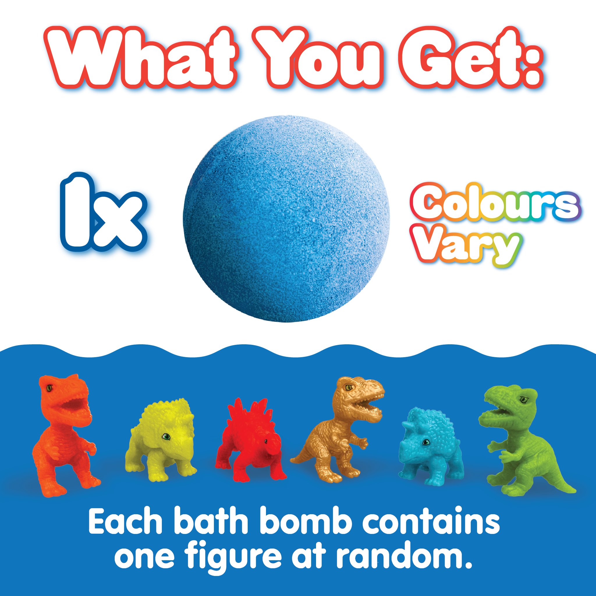Contents: 1 bath bomb, colours vary, with one random dino figure