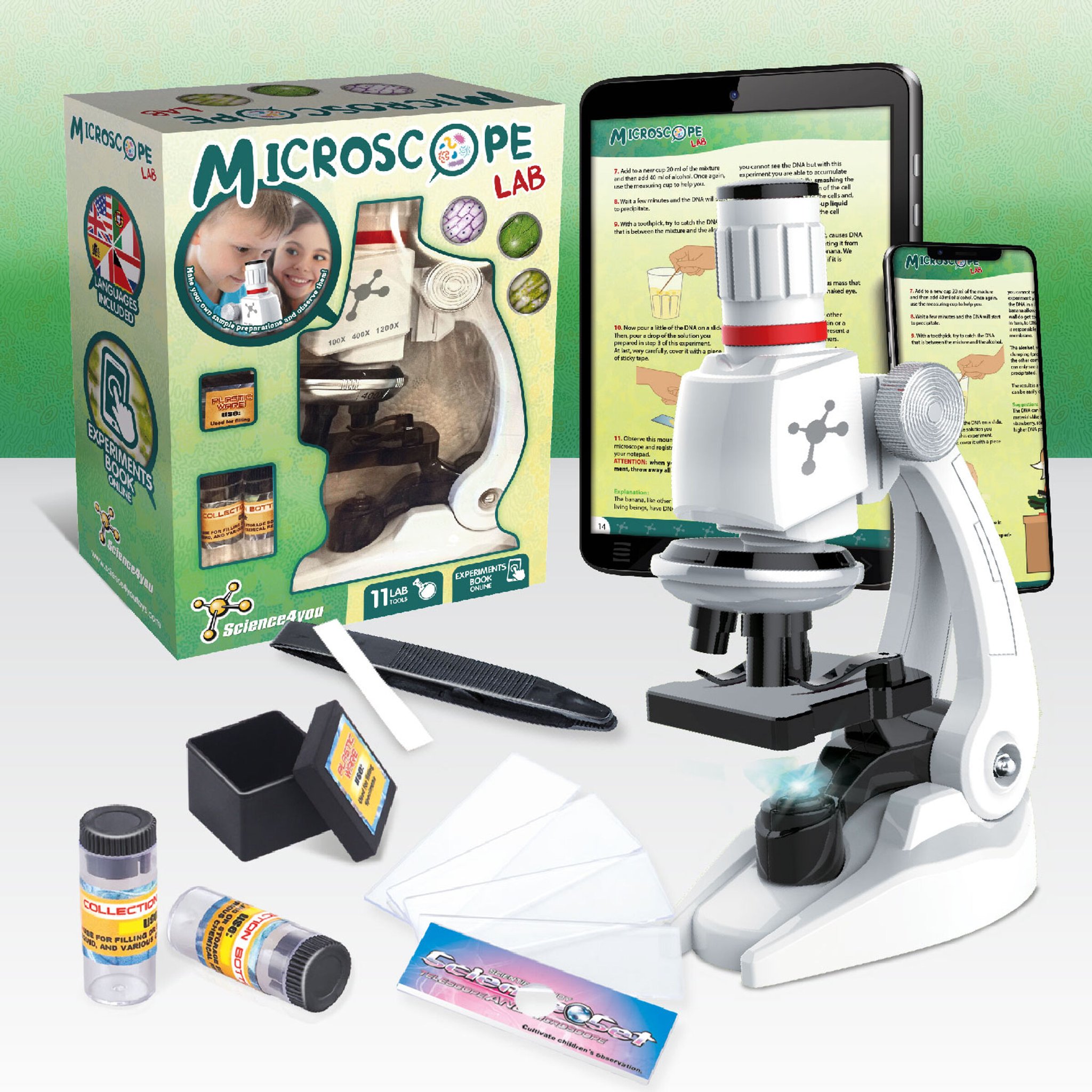 Microscope set contents with accessories and online book