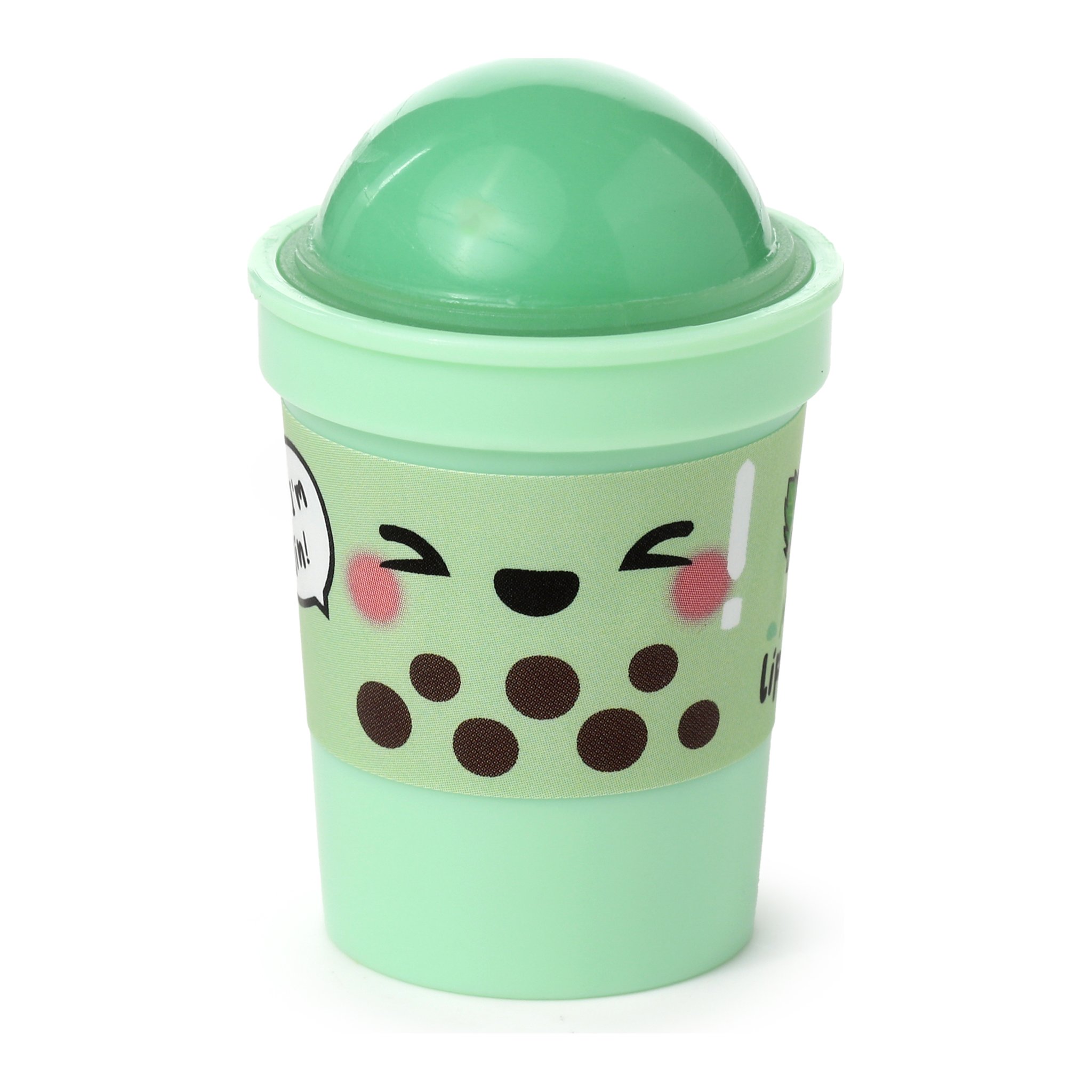 Gruener Becher geoeffnet mit sichtbarem Lippenbalsam