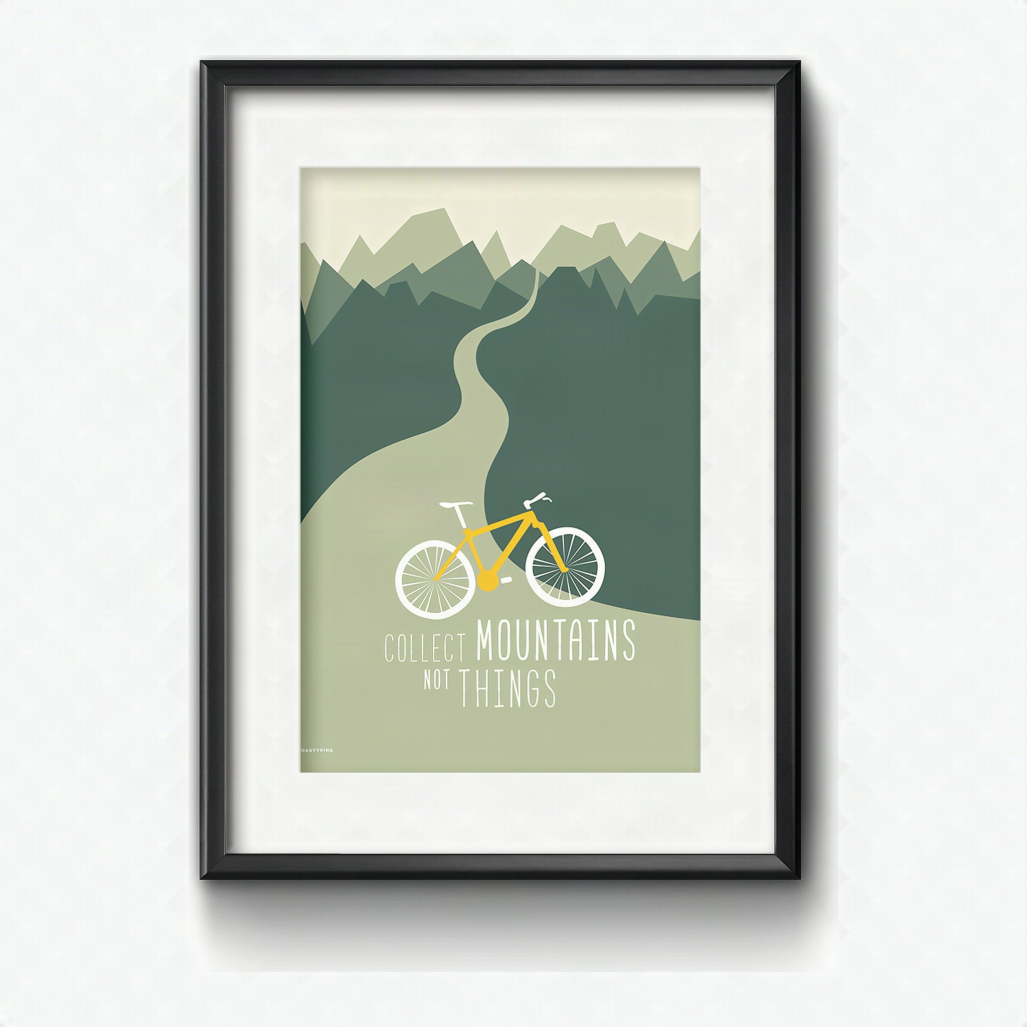 Kunstdruck Collect Mountains not Things mit Velo auf Bergstrasse, gerahmt
