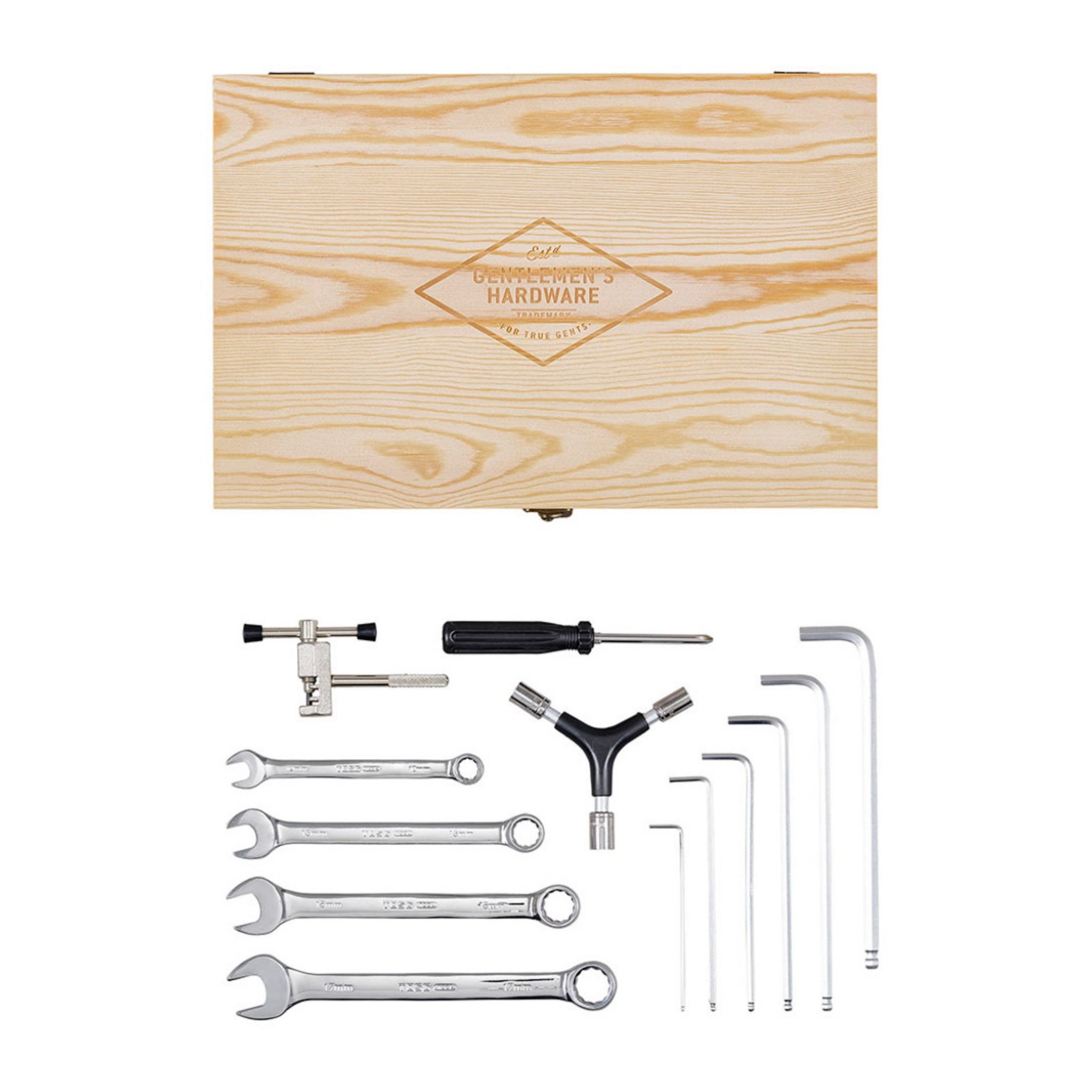 Wooden box lid above with all the bicycle tool kit pieces laid out individually below: spanners, hex keys and more