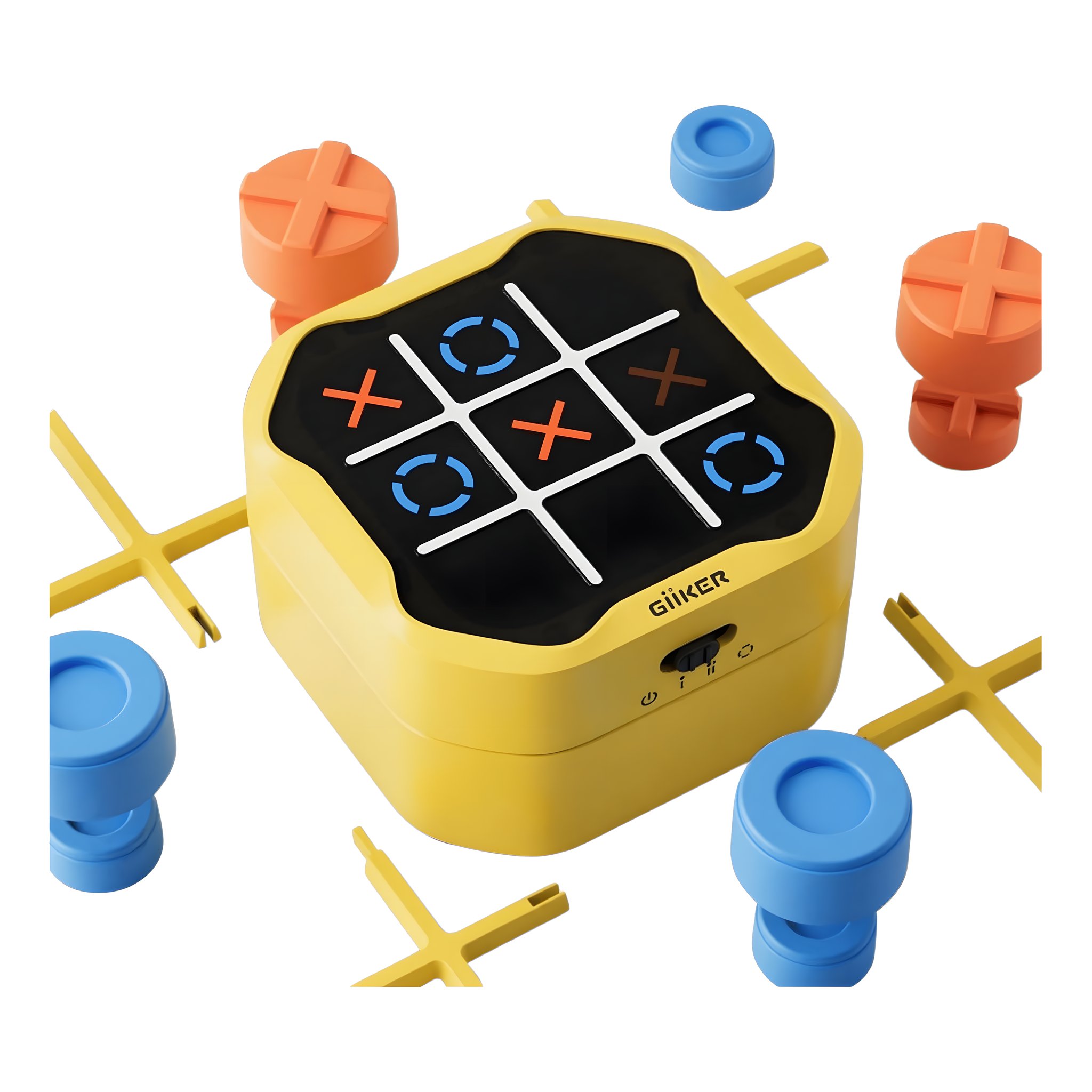Gelbe Tic Tac Toe Konsole mit Spielsteinen in drei Grössen