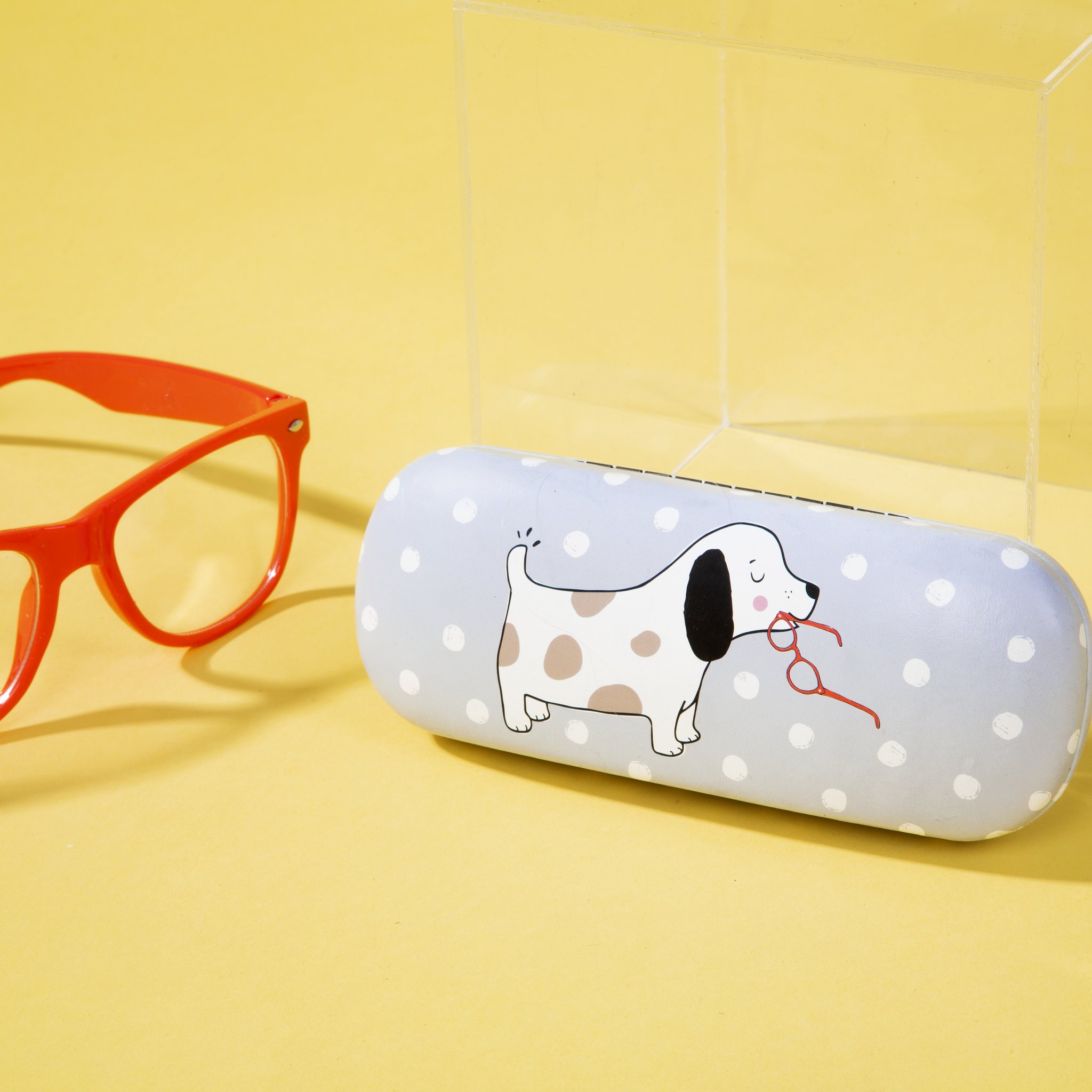 Barney glasses case by Sass & Belle with red glasses on a yellow background