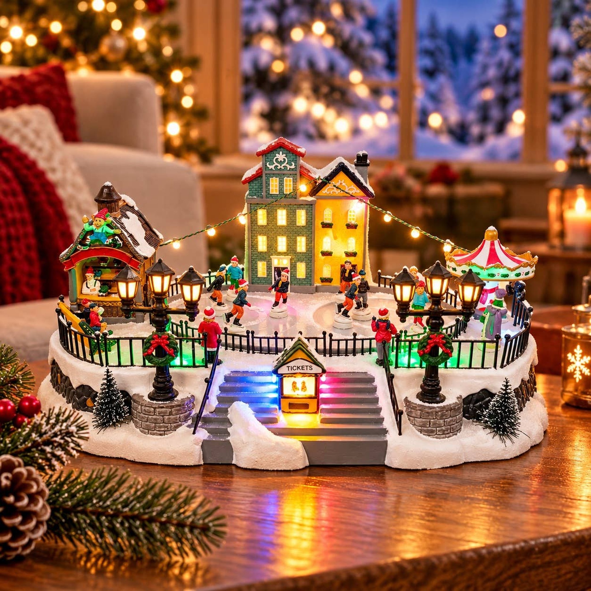 Christmas village with ice rink glowing on a wooden table in front of the Christmas tree