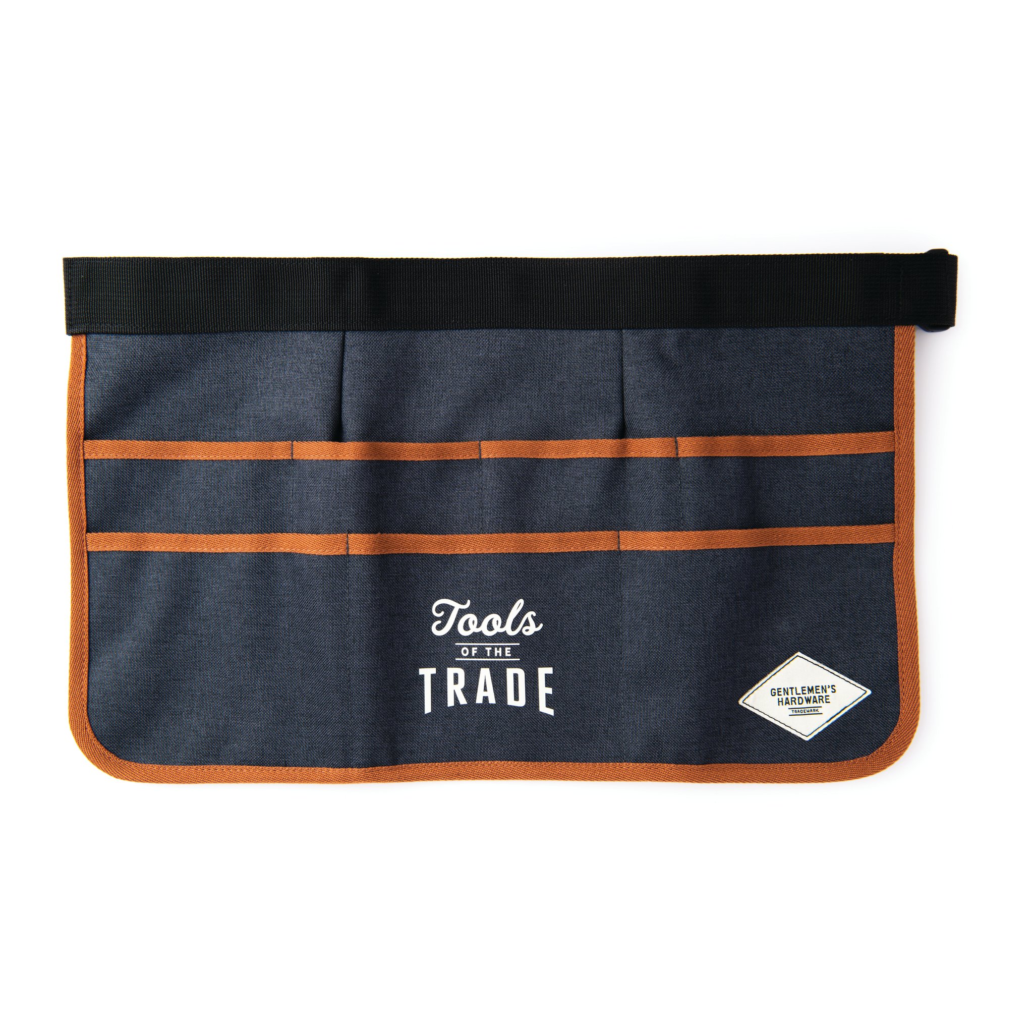 Navy Tool Belt with orange trim, several front pockets and the printed slogan «Tools of the Trade»