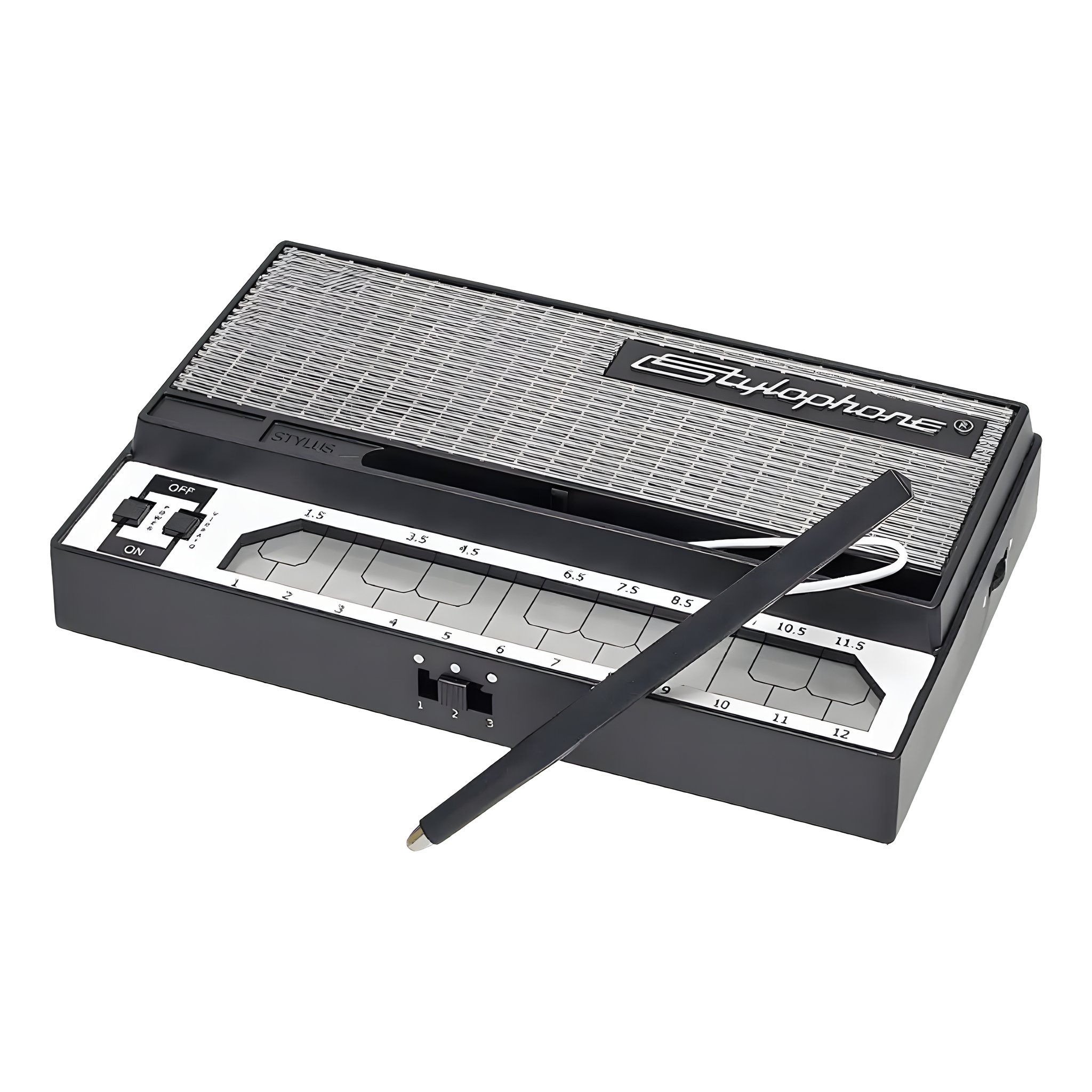 Stylophone S-1 Mini-Synthesizer – Seitenansicht mit Stylus und Oktavschalter