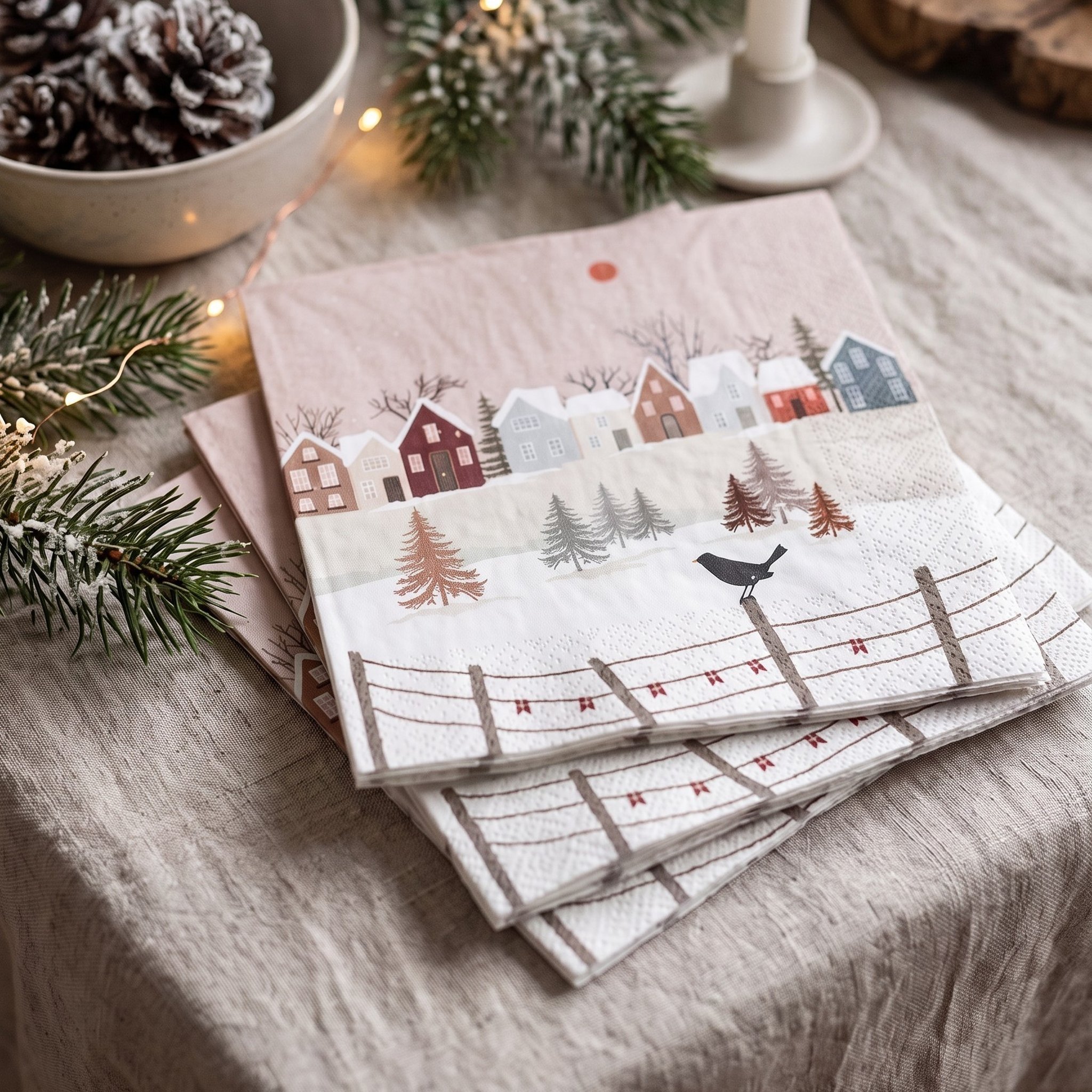 Weihnachtsservietten mit Winterdorf auf einem Leinentischtuch mit Tannenzapfen