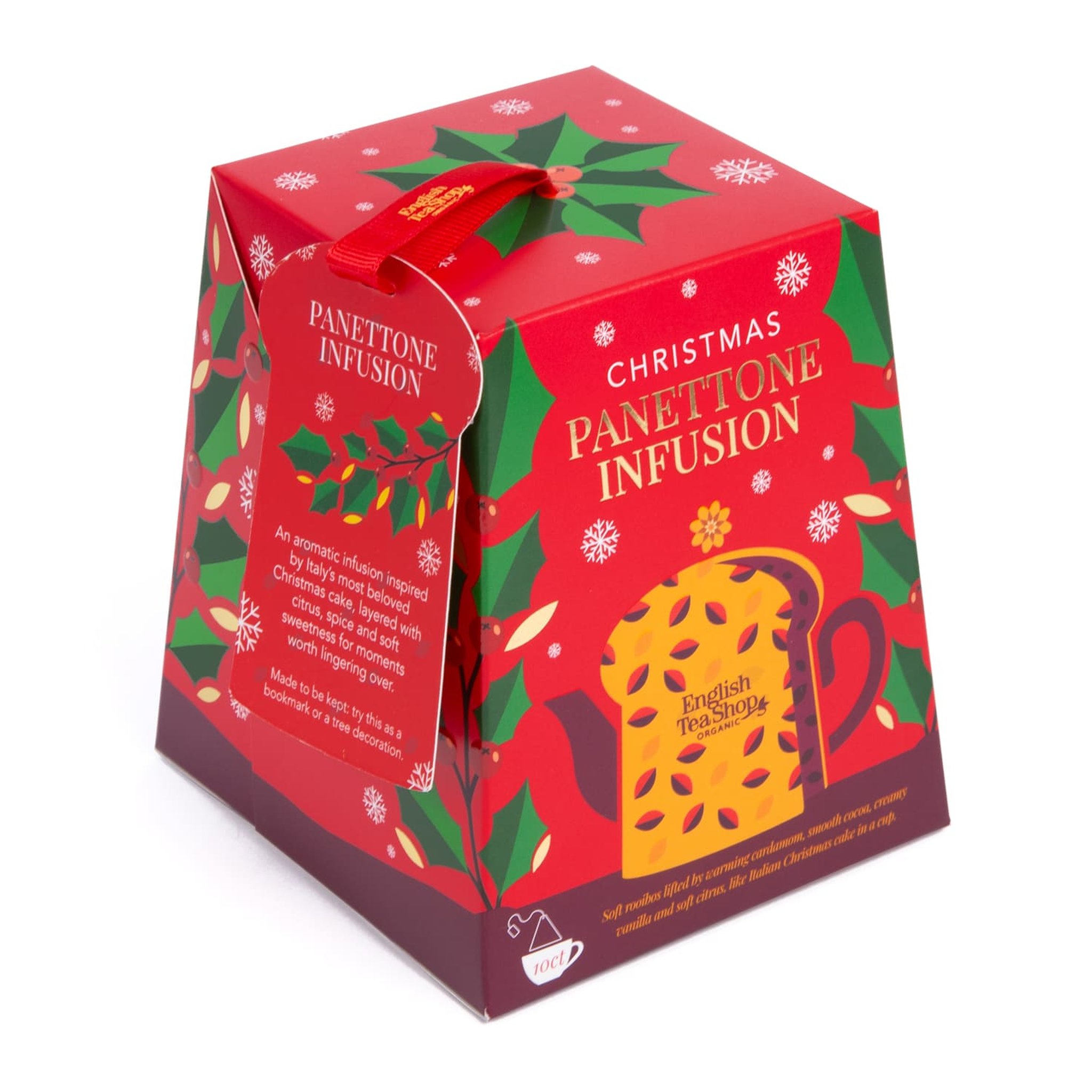 Coffret de thé Panettone vu de dessus en biais, motif houx et étiquette