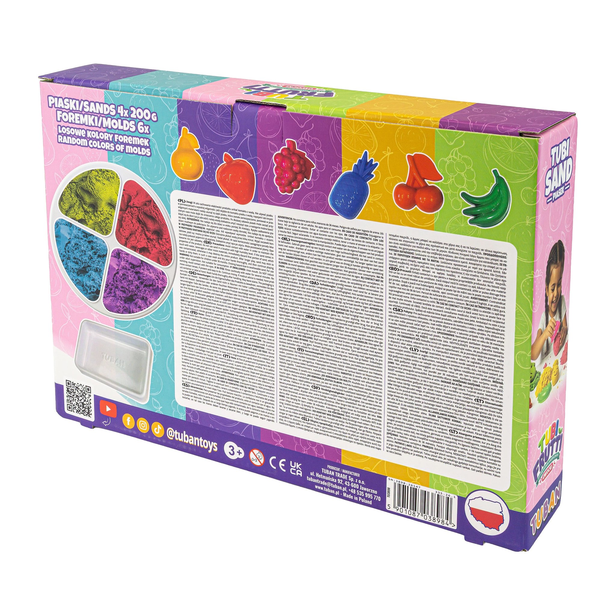 Retro della confezione Tubi Frutti con le sei formine frutta e i colori della sabbia