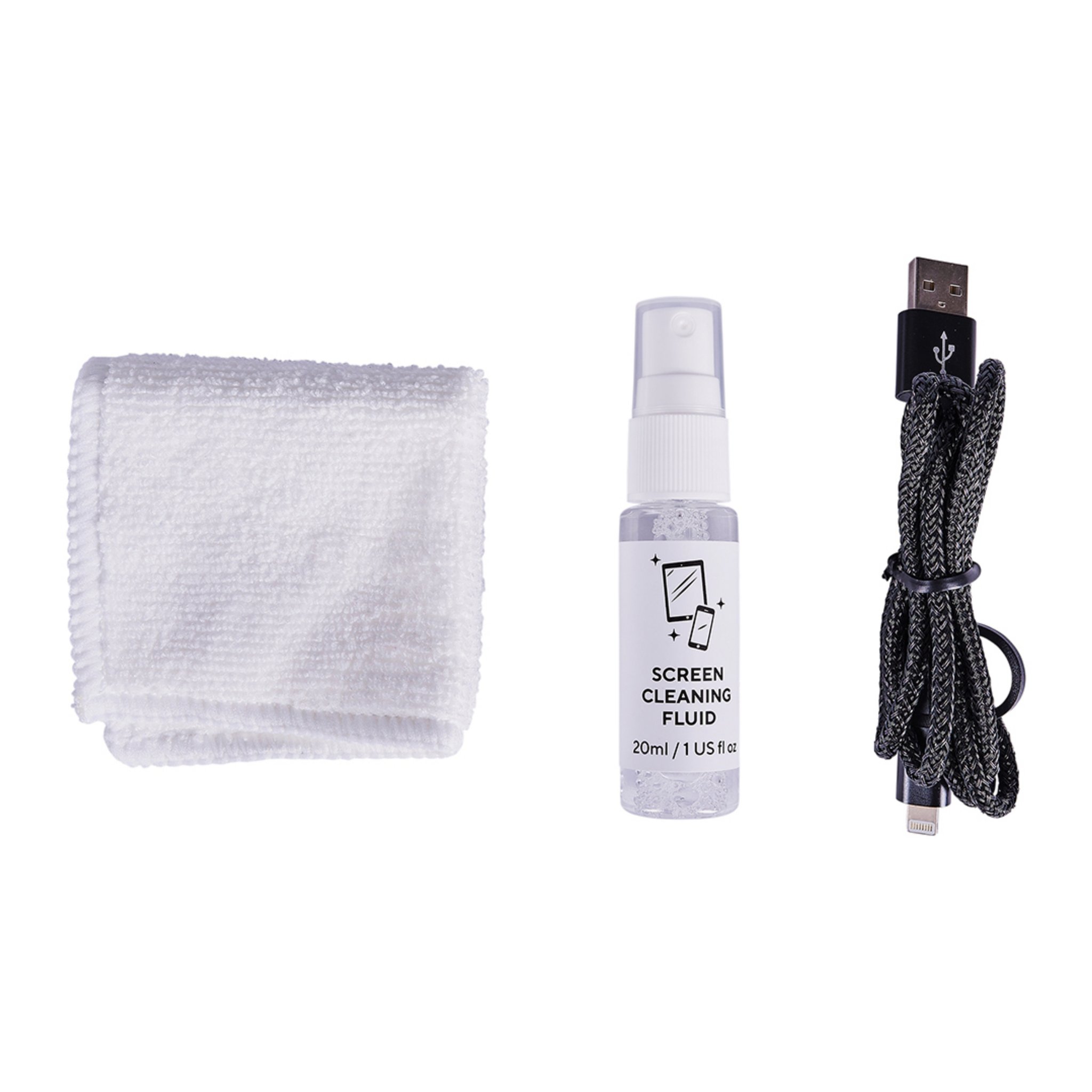 Inhalt des Survival Tech Kit auf Weiss: Mikrofasertuch, Sprühflasche mit Bildschirmreiniger und aufgerolltes USB-Kabel