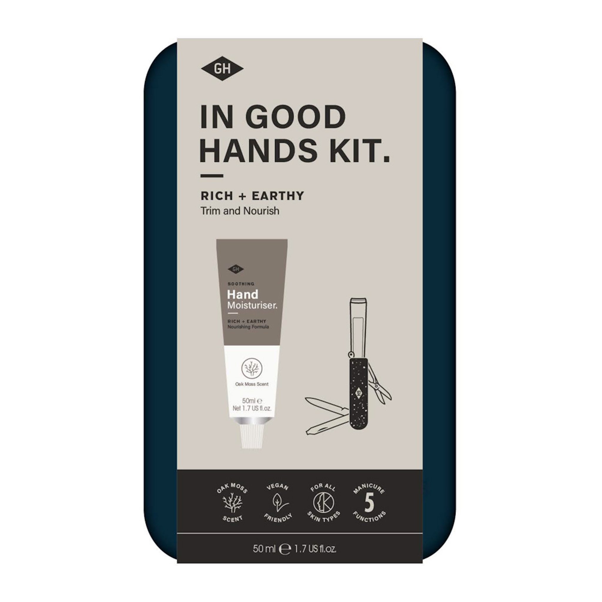 Blaue Dose des In Good Hands Handpflege-Sets mit grauer Banderole, Handcreme-Tube und Manikürwerkzeug aufgedruckt