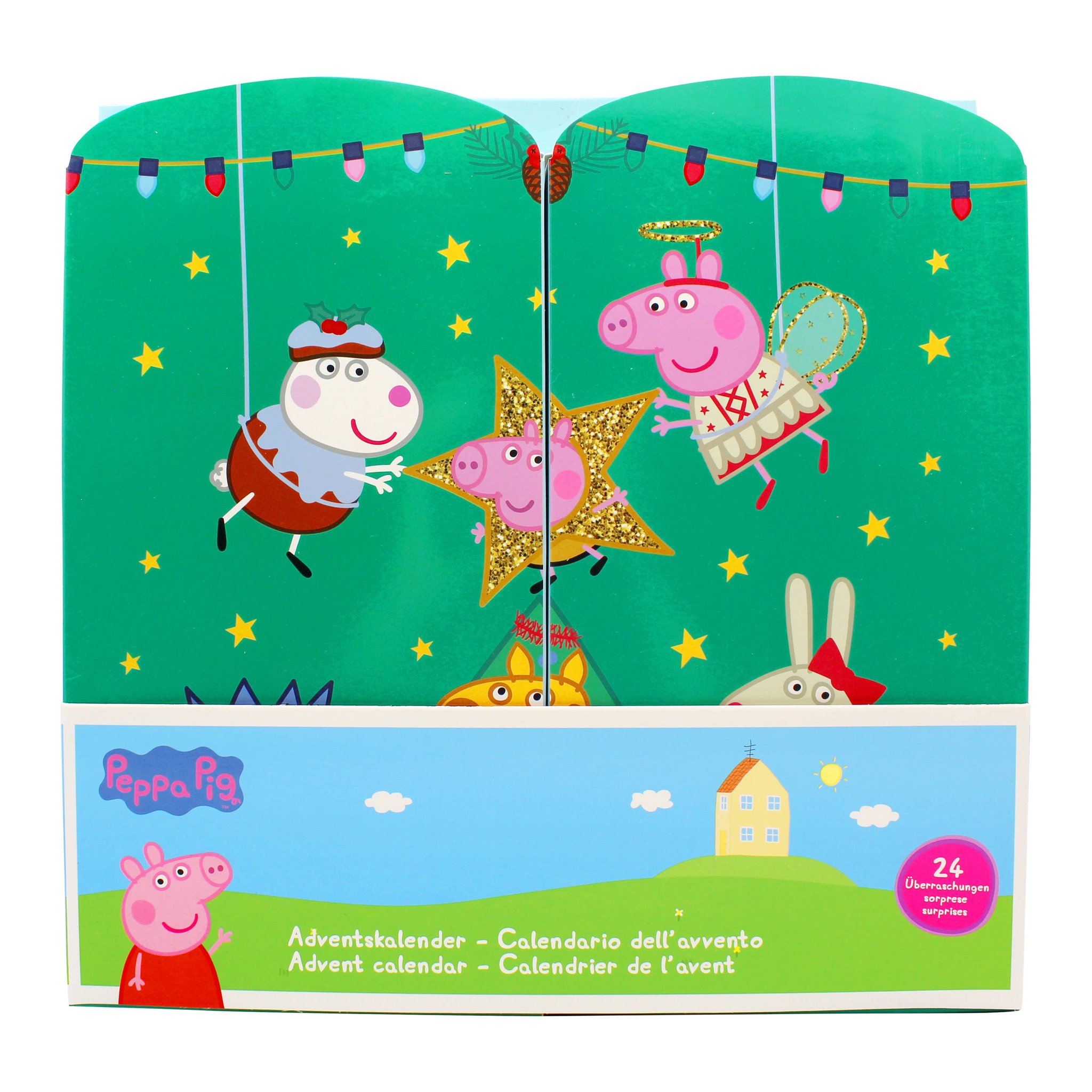 Peppa Pig Adventskalender mit Banderole: Peppa auf der Wiese und Schriftzug in vier Sprachen