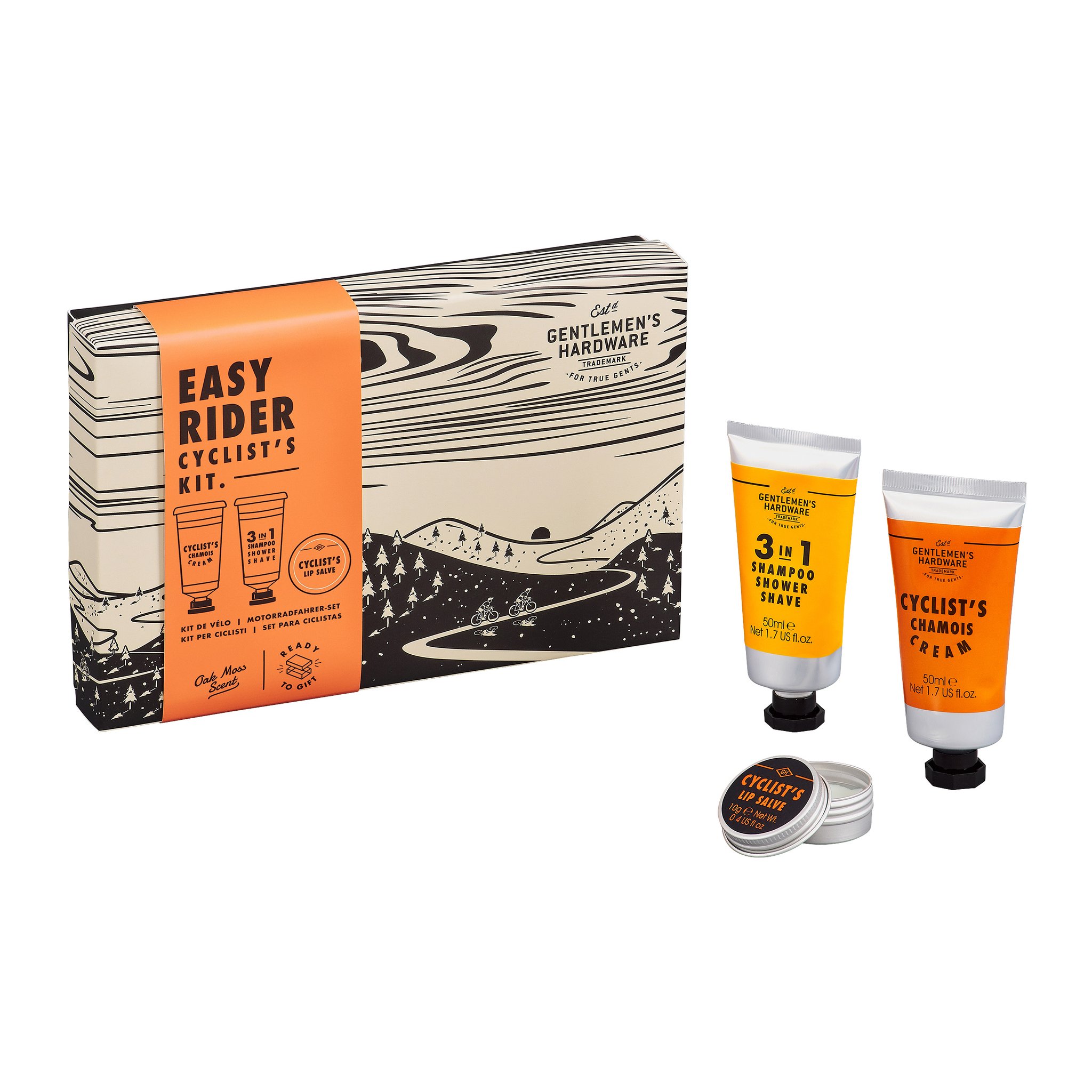 Coffret Easy Rider: boîte vue en biais, avec deux tubes et un pot de baume à lèvres ouvert posés à côté