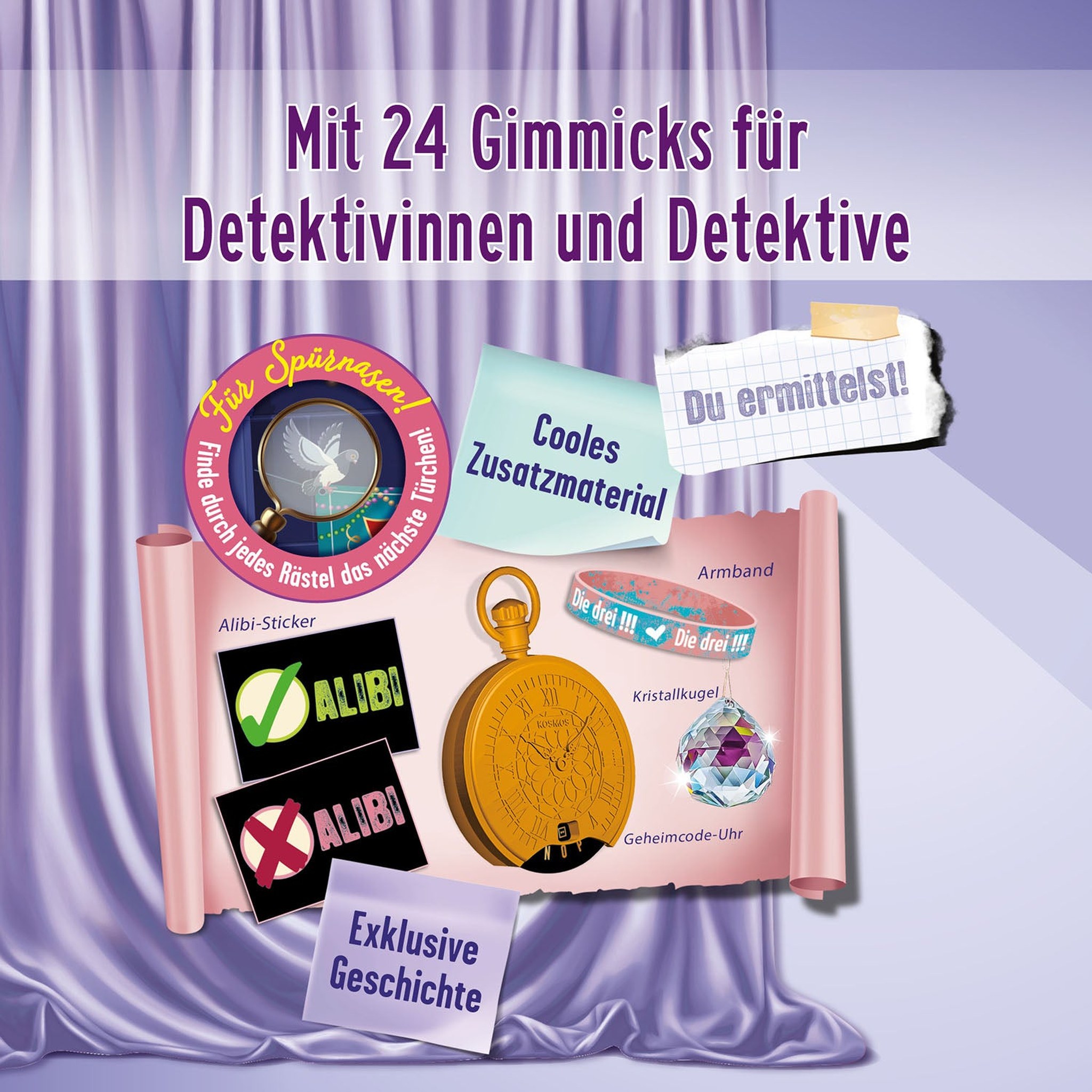 Beispiele der 24 Gimmicks im Die drei !!! Adventskalender: Alibi-Sticker, Armband, Kristallkugel und Geheimcode-Uhr