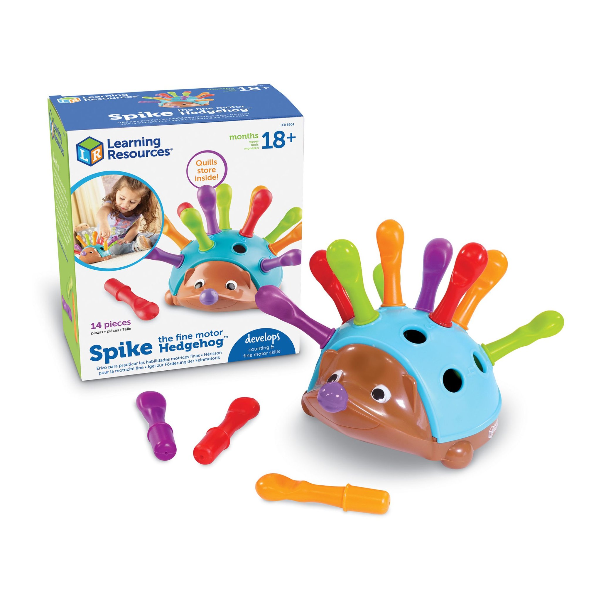 Steckigel Spike mit bunten Stacheln vor der Verpackung von Learning Resources