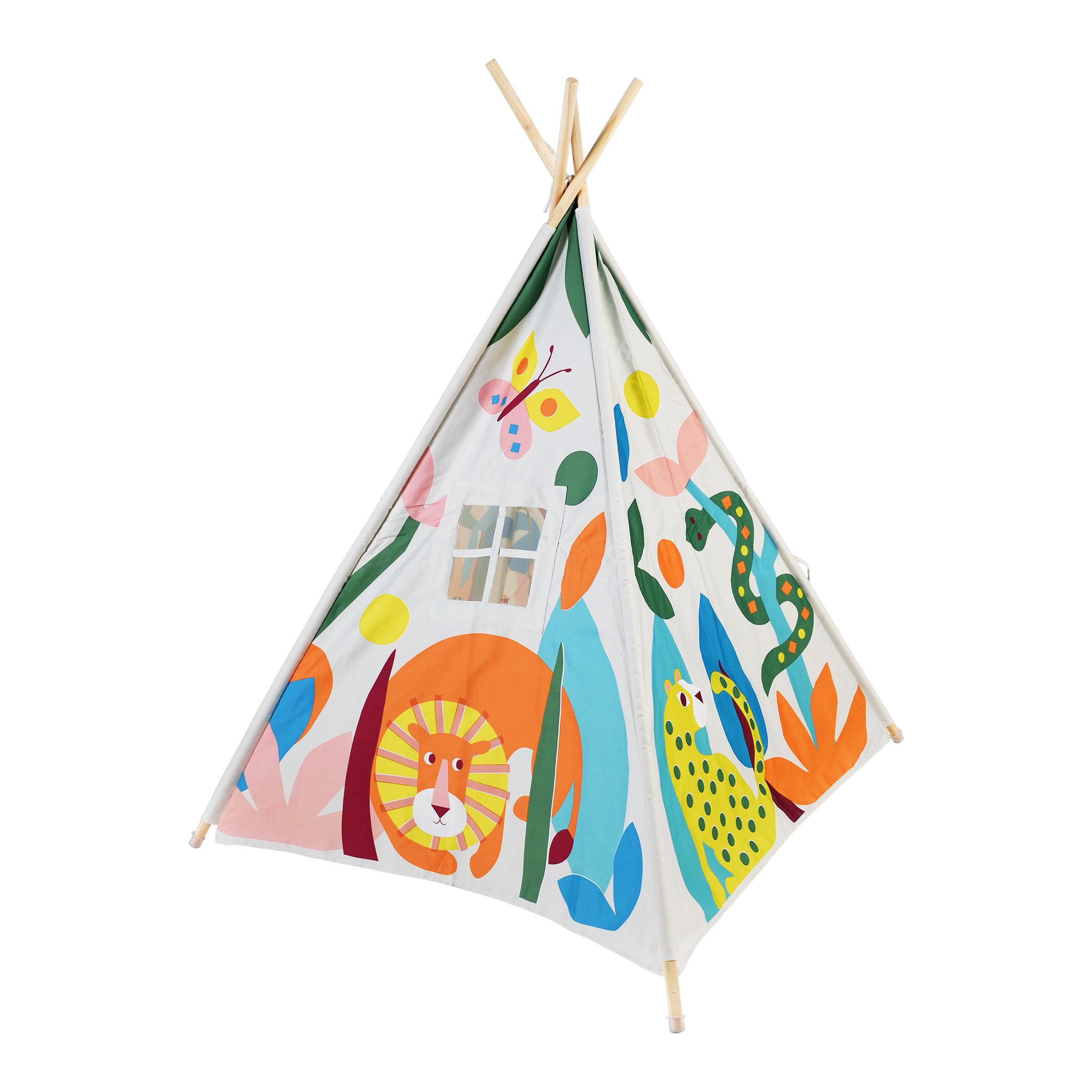 Das Wild Wonders Tipi aufgebaut mit Löwe, Tukan und Blättermuster