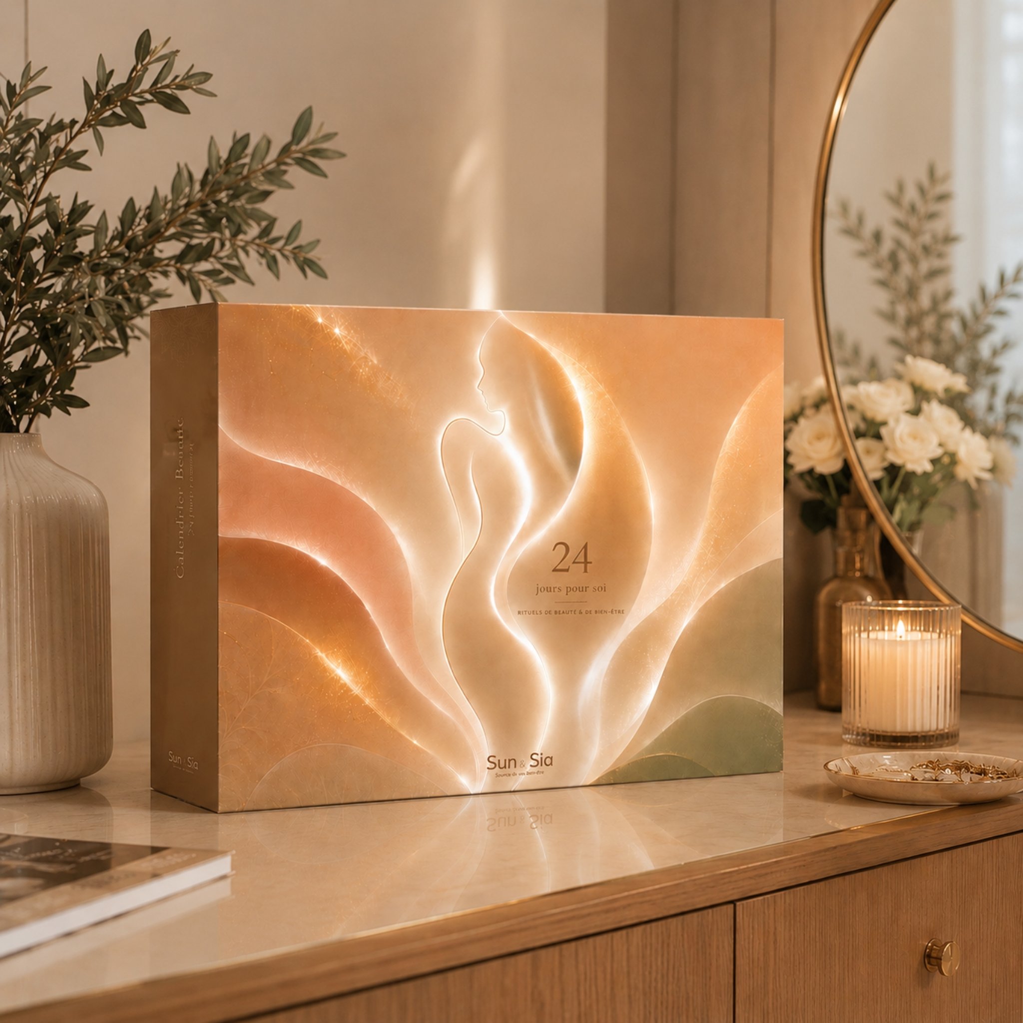 Calendrier de l'Avent beauté sur une commode avec bougie et miroir