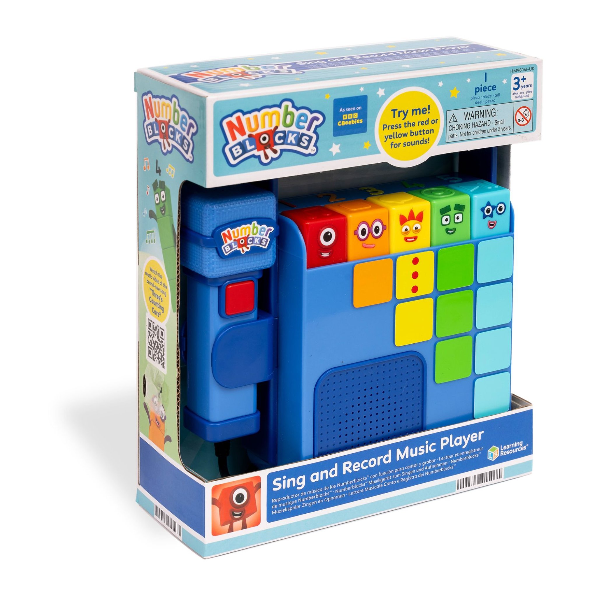 Verpackung des Numberblocks Musik-Players mit Sichtfenster, schräg von der Seite