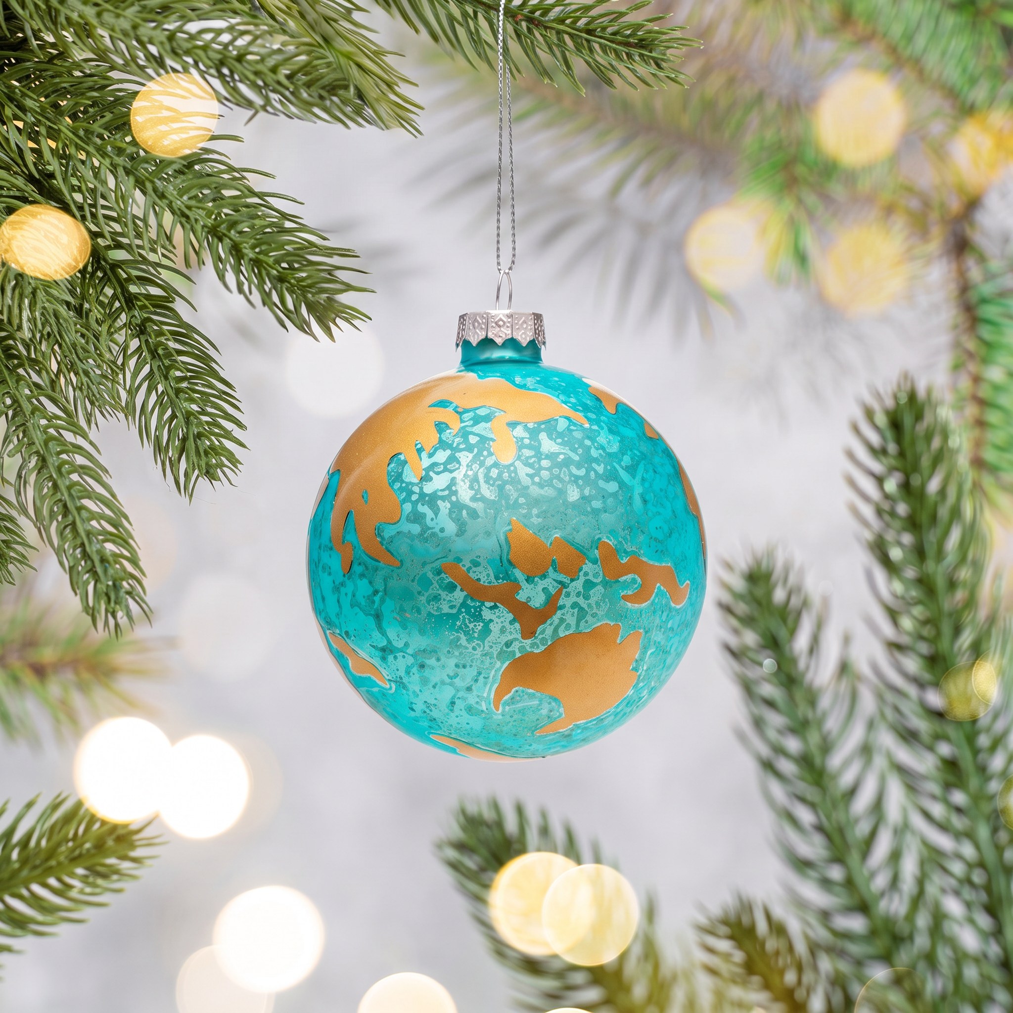 Globe Christmas Bauble by Sass & Belle on a fir branch with warm fairy lights